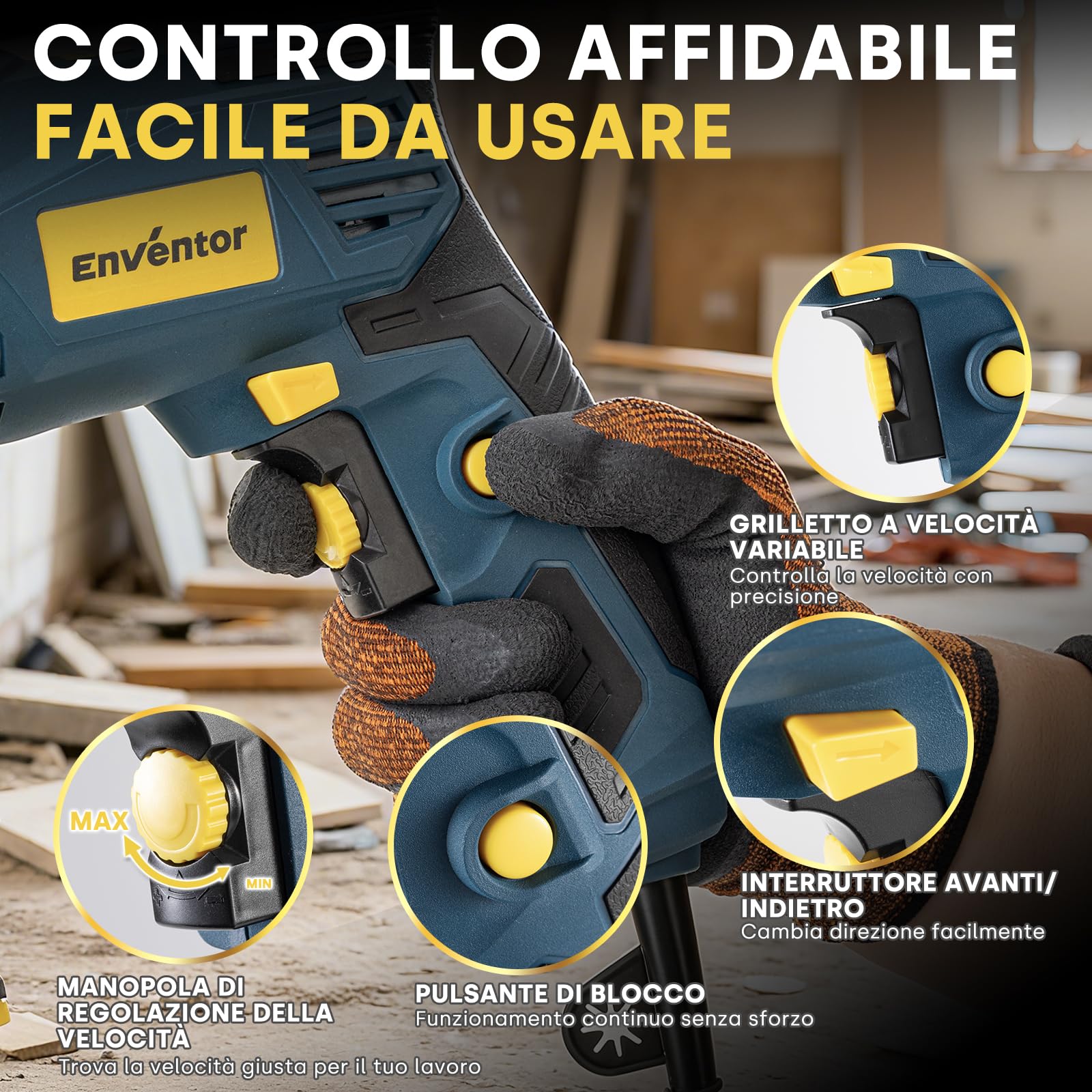 Enventor Trapano a Percussione 750W, Impugnatura Ausiliaria a 360° | Funzione 2 in 1, 0-3100RPM, Mandrino da 13MM, Trapano Elettrico a Filo per Calcestruzzo, Metallo e Legno