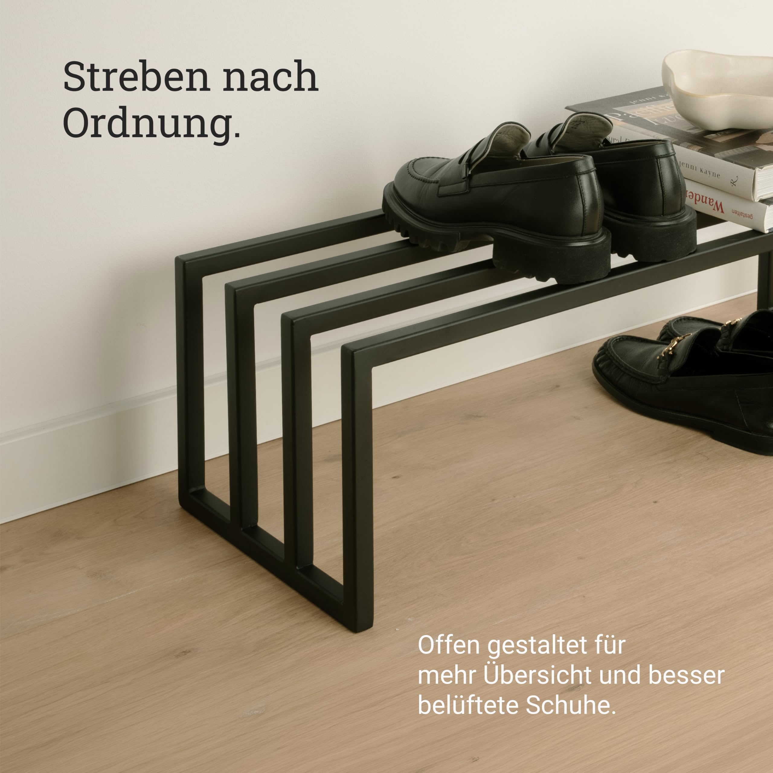 Natural Goods Berlin 1x Schuhablage RECHTECK - Offenes Schuhregal Metall Schwarz - 80 x 25 x 30 cm - Schwarzes Schuhregal Outdoor Wetterfest - Schuhaufbewahrung Platzsparend - Shoe Rack, Shoe Storage