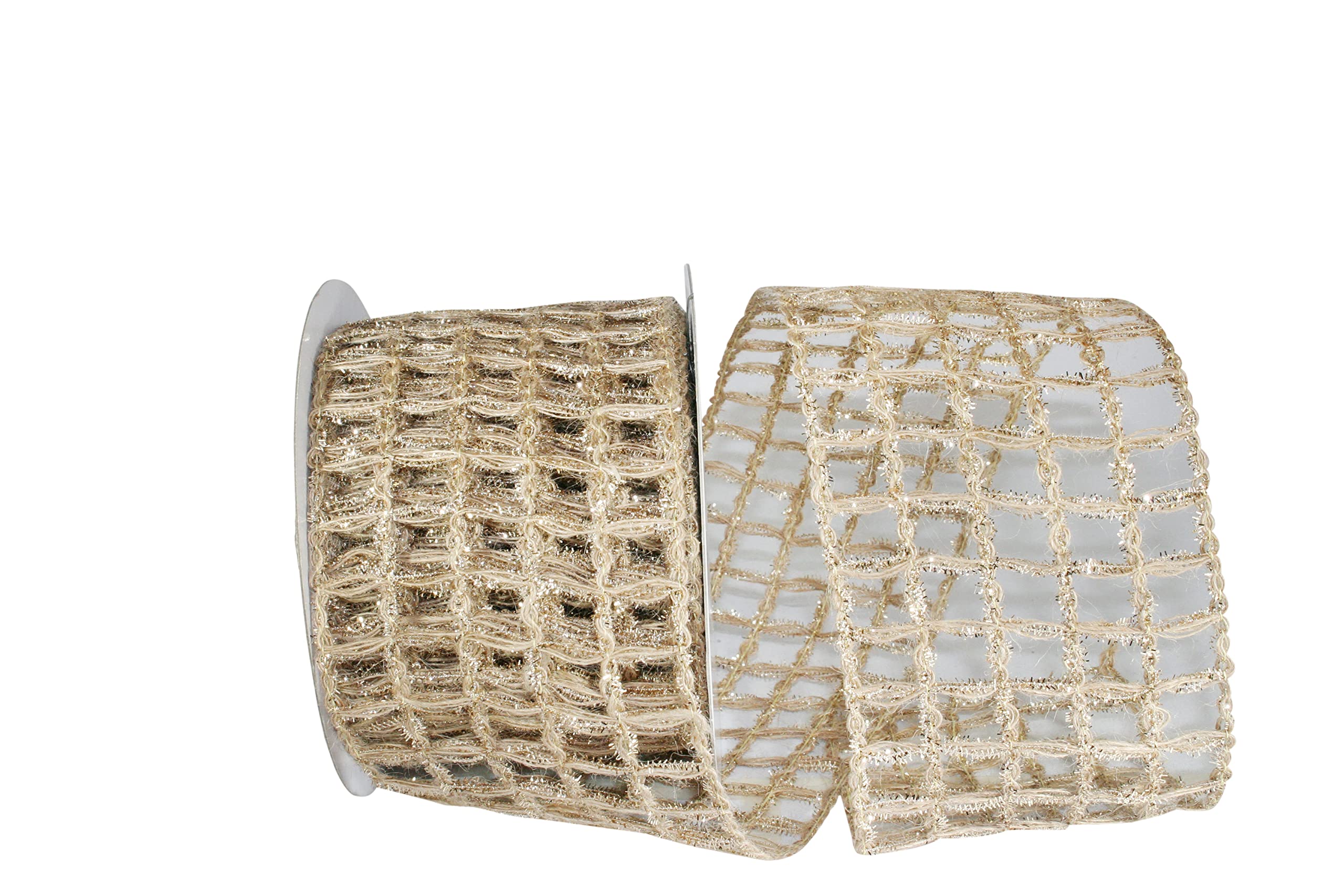 Reliant Ribbon Grand Jute Box Sparkle Wired Edge Ribbon, 4 Inch X 10 Yards, Natural/gold