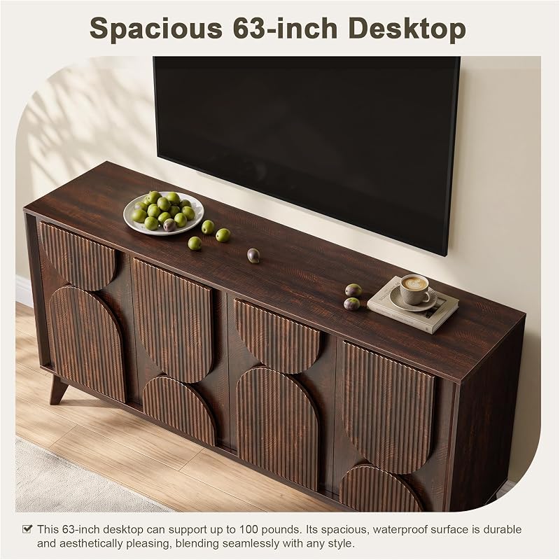 63 Inch Mid Century Modern TV Stand Up to 70inch TV, Dark Walnut image 5