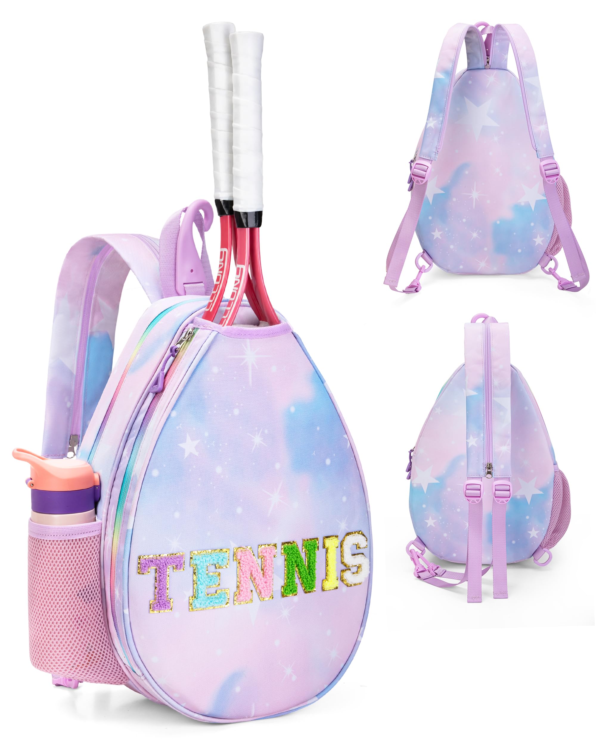Tennis Bag for Girls, 3-in-1 Convertible Tennis Backpack | Tennis Sling Crossbody Bag Holds 2 Rackets or Pickleball Paddles, Stylish Women Gym Bag with Chenille Letters, Galaxy Purple