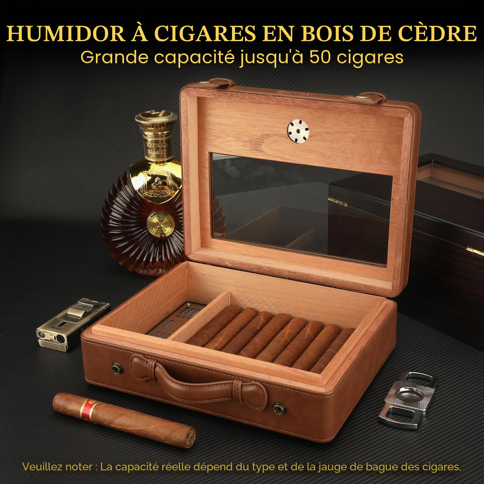 Cave à cigares, Accessoires de Voyage, boîte à cigares Portable avec Couvercle en Verre, hygromètre et humidificateur, Doublure en Bois de cèdre, Grande Cave à cigares