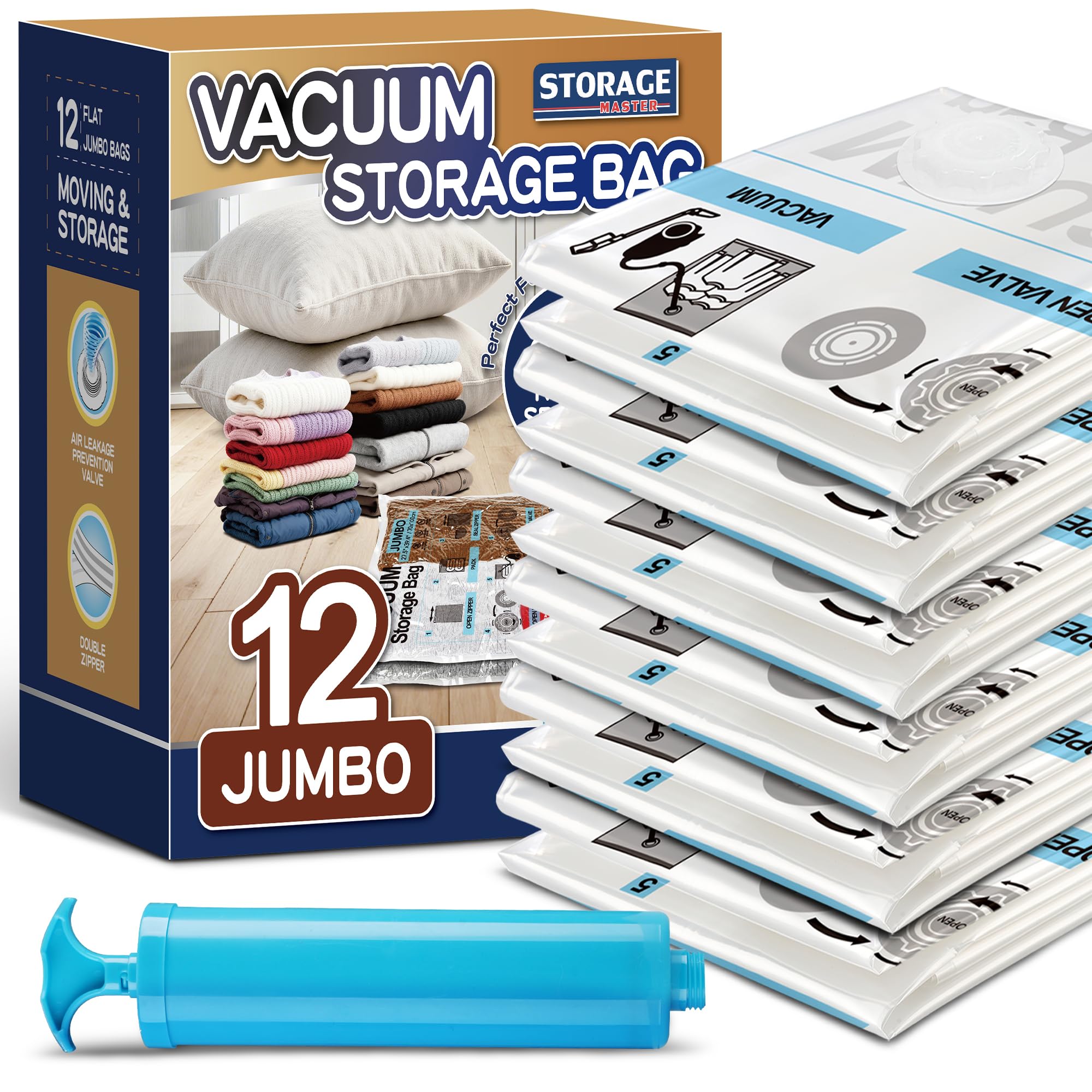STORAGE MASTER Vacuum Storage Bags, Space Saver Bags 80% More Storage Space, With Hand Pump (12, Jumbo)