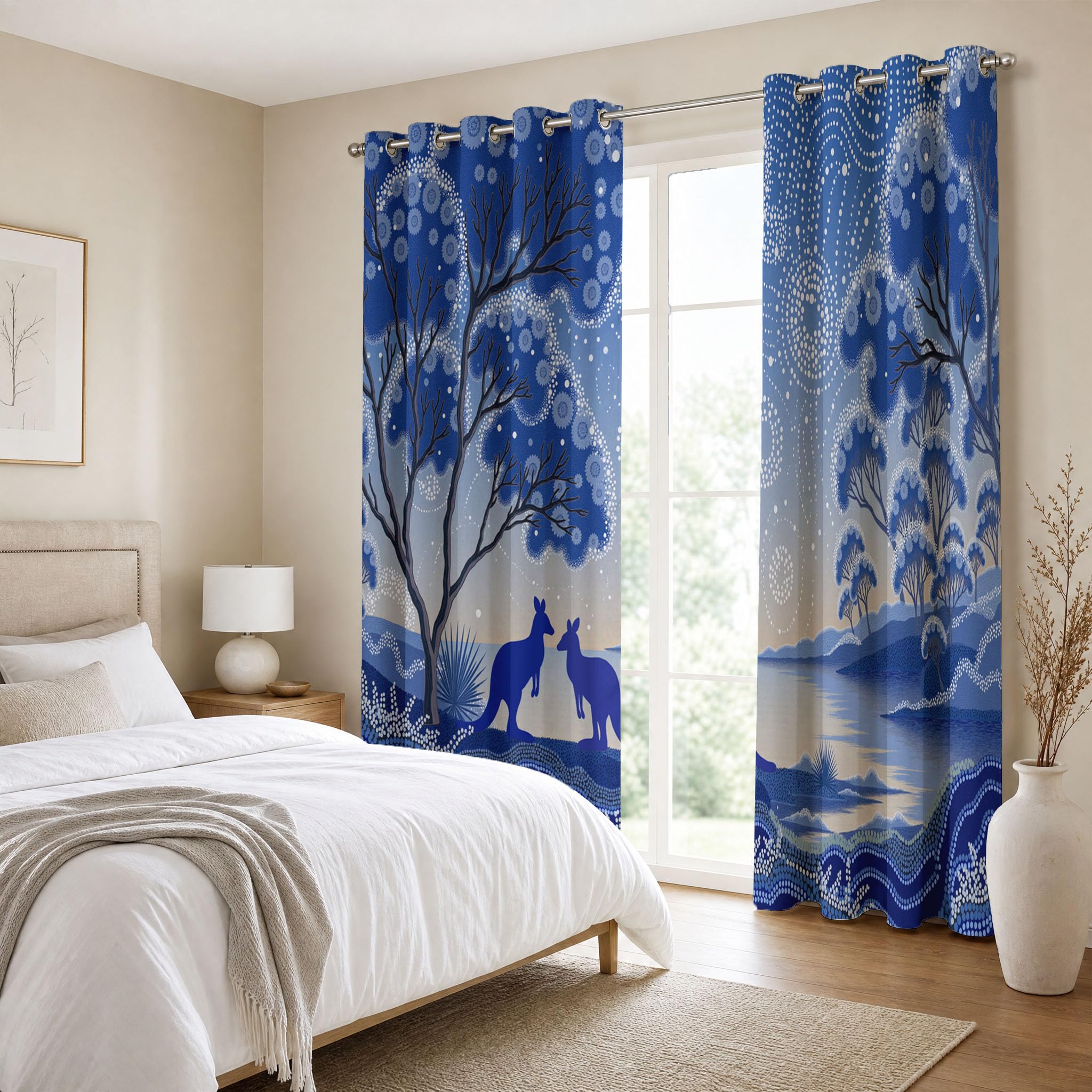 Cortinas Opacas Sencillez Bosque Impresión,3D Soñador Arbustos Canguros Cortinas Blackout Termicas Aislantes Frio y Calor con Ojales para Dormitorio Salon 2 Piezas 140×225cm,Azul