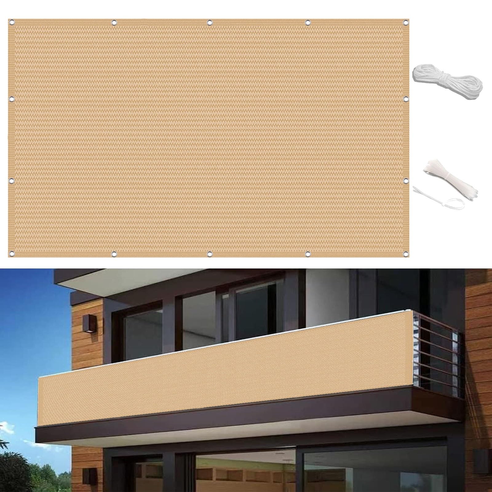GJZQDKX Balkon Cover 95 x 950 cm with Grommets & Cord, Sand Yellow Balcony Shield, Outdoor Fence Protection for Balcony, Bedroom & Patio Spaces