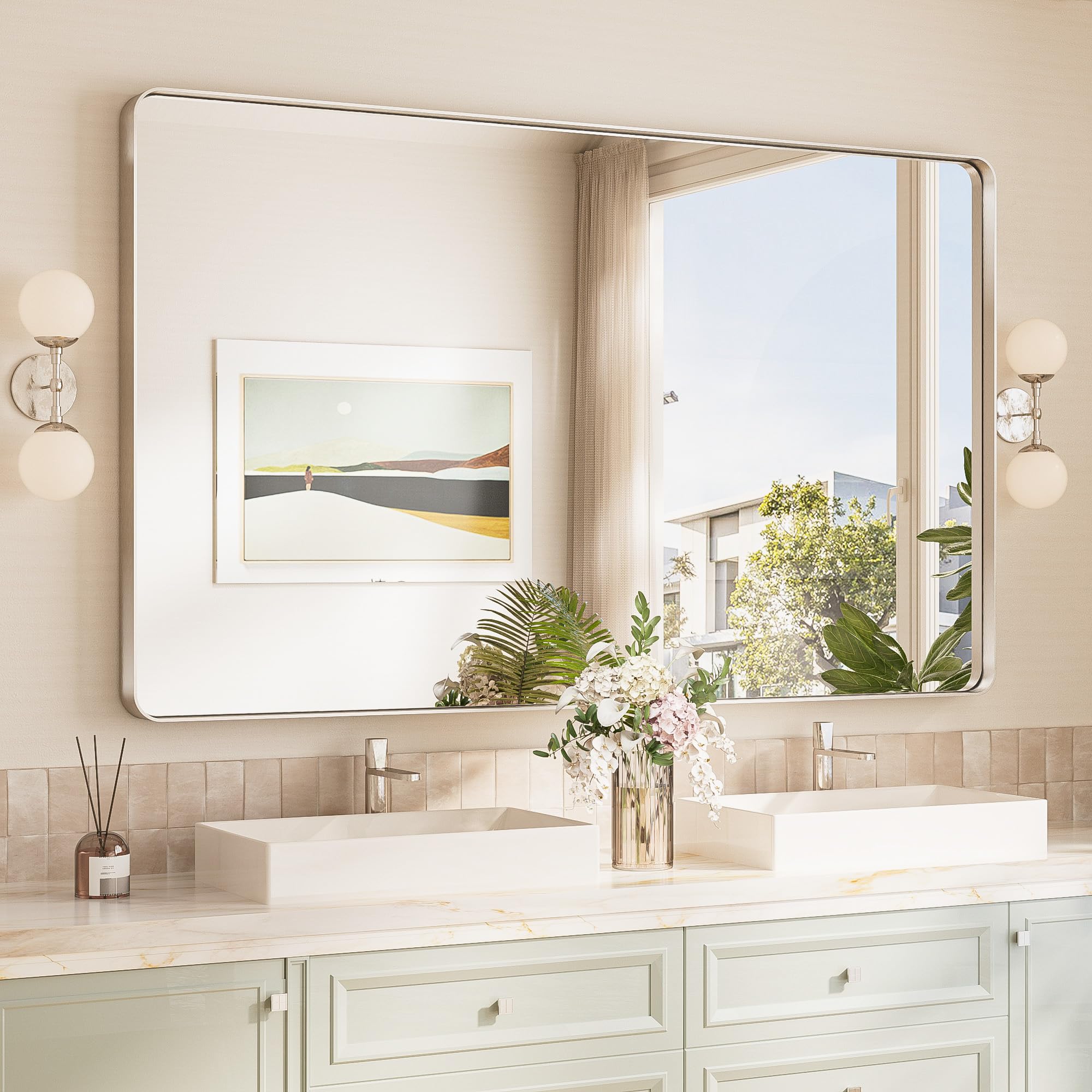 Photo 1 of TokeShimi 60x36 Brushed Nickel Bathroom Wall Mirror Vanity Metal Frame Round Corner Rectangular for Home Decor Living Room Entryway