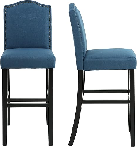 LSSBOUGHT Nailhead - Taburetes de bar de 29 pulgadas con patas de madera maciza, juego de 2 (azul)