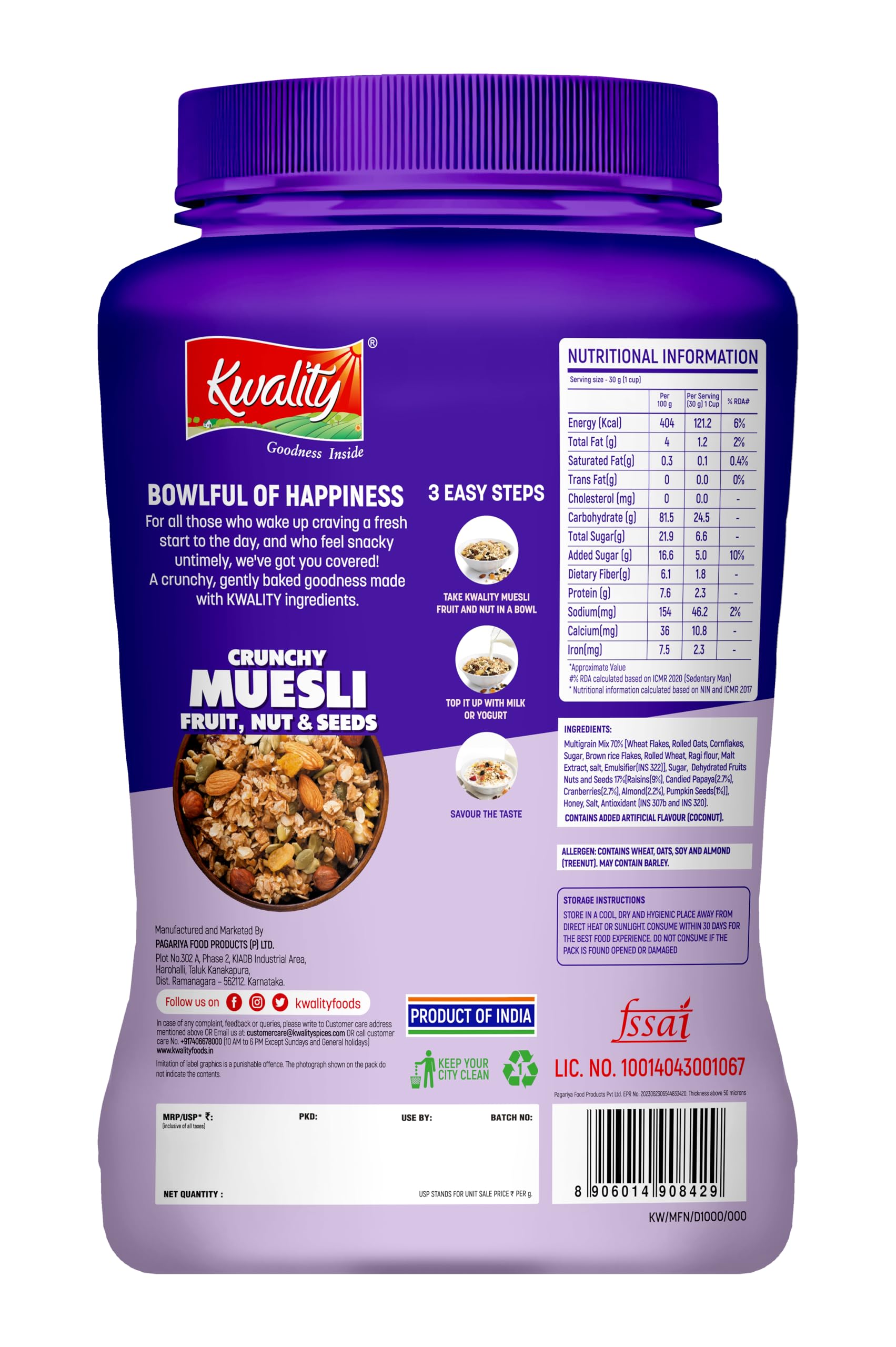 KWALITY Muesli Fruit, Nut & Seeds 900g Jar, 87% Multi Grains, No Maida, Natural Source Of Vitamin & Iron, High In Protein & Fiber, Low Fat & Cholesterol, Healthy Breakfast Cereal 1