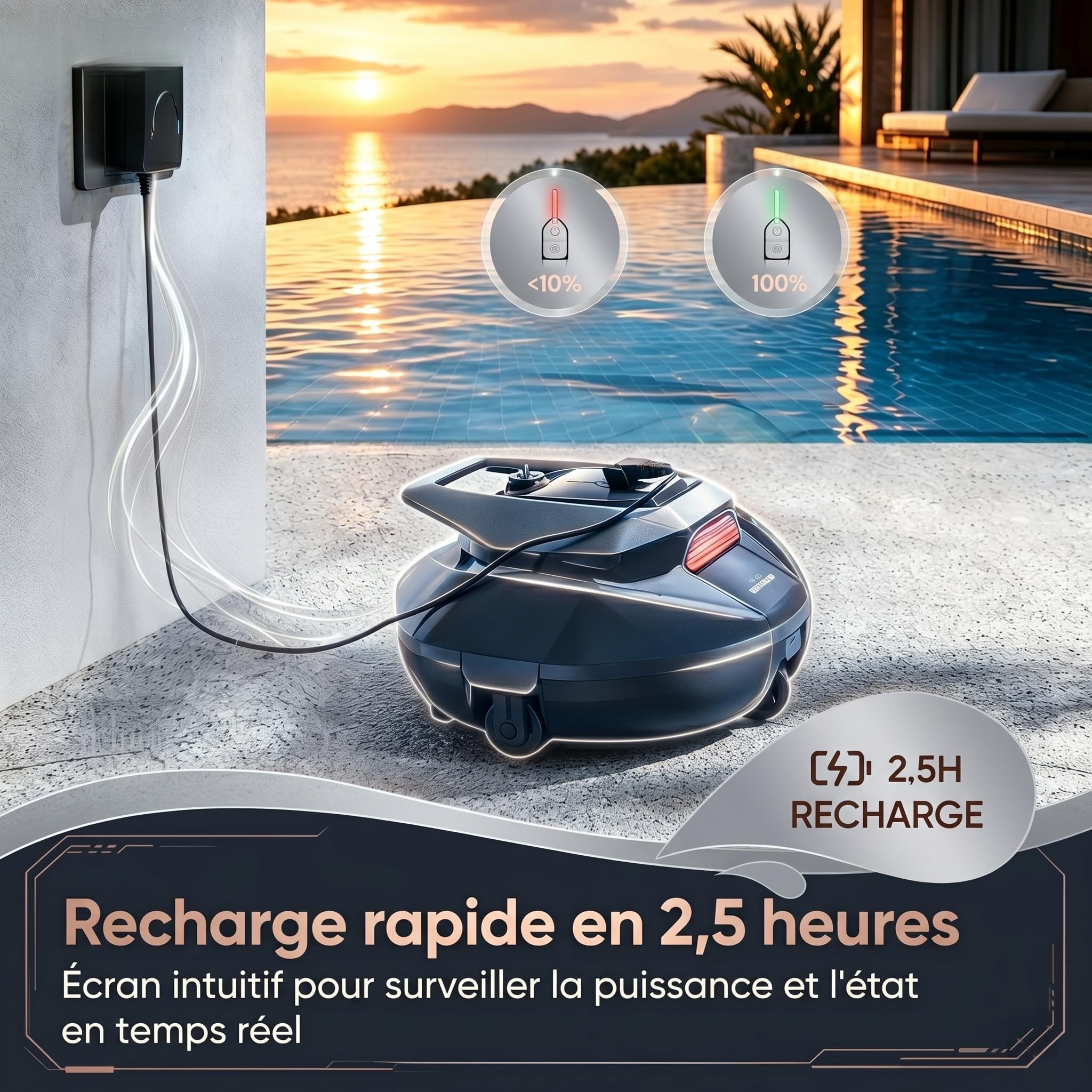 Robot Piscine Pooleco 10, Aspirateur Piscine sans Fil 90min et 2,5 litres, Auto-Parking, Entretien Facile, pour Toutes Les Formes et Surfaces de Piscines Hors Sol et Enterrées Jusqu’à 80㎡