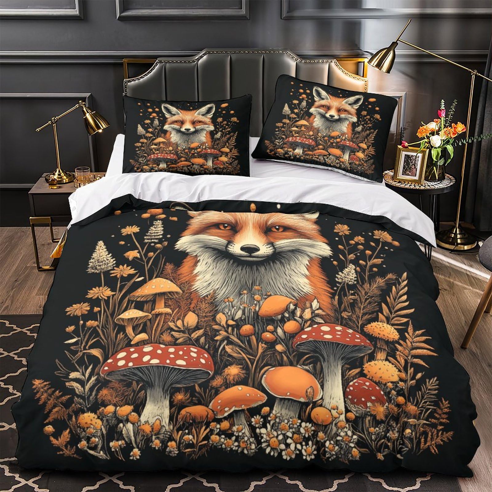 Drap de couette renard 3D microfibre parure de lit king 220x240cm 2 taies d'oreiller