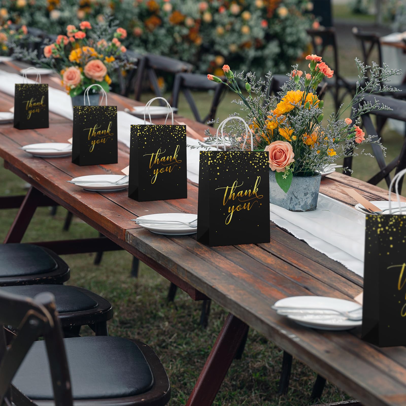 50 Pcs Thank You Gift Bags Bulk Gold Thank You Foil Paper Bags with Handles Small Size Wedding Gift Bags for Business Shopping Wedding Baby Shower Party Favors, 8.3 x 6 x 3.1 In (Black)