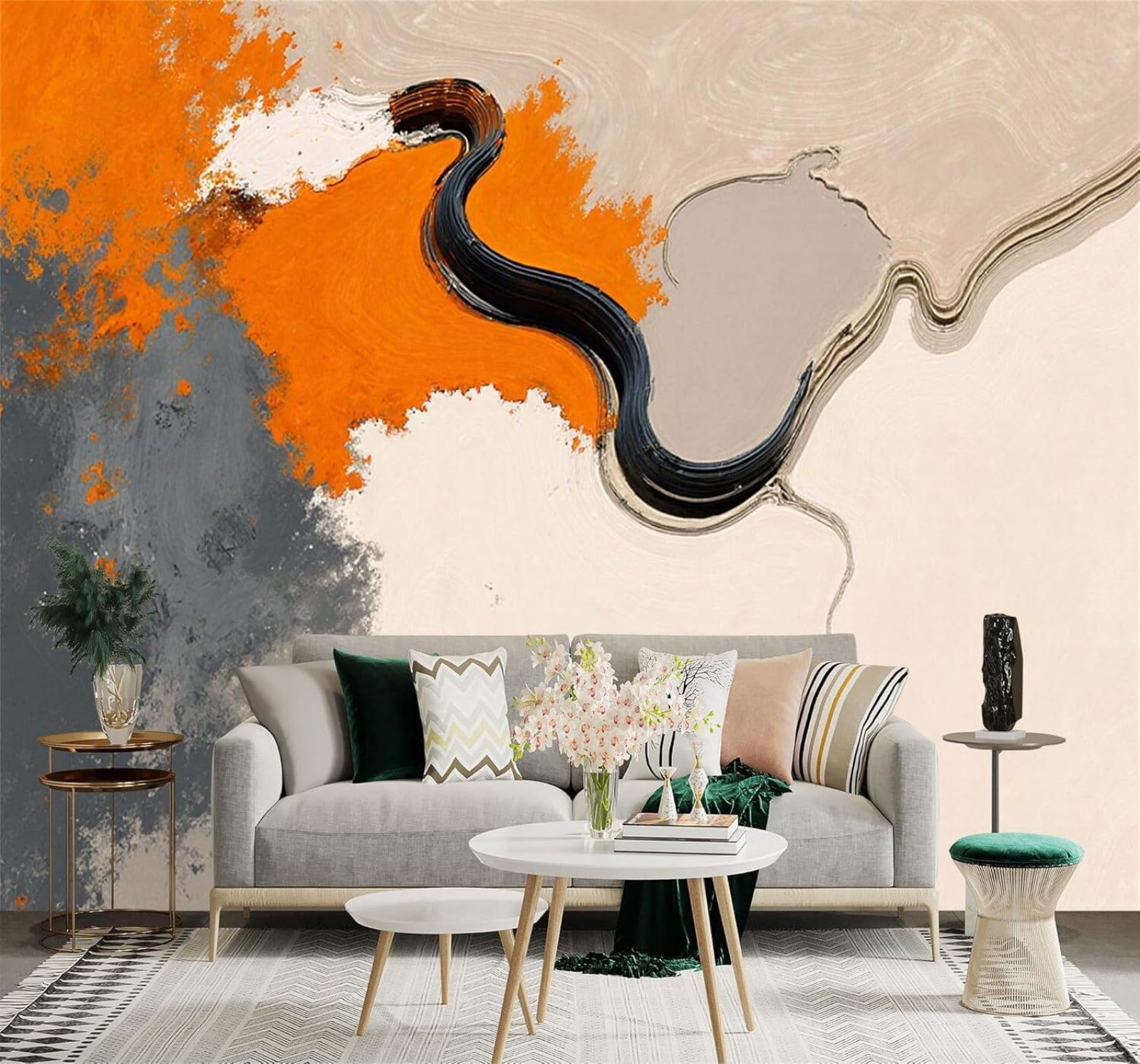 XLMING Abstract Orange Grey Swirl Liquid Art Texture 3D Wallpaper Silky Texture Home Study Office Grey Dining Room Sofa Bedroom Living Room TV Backdrop-250cm×170cm