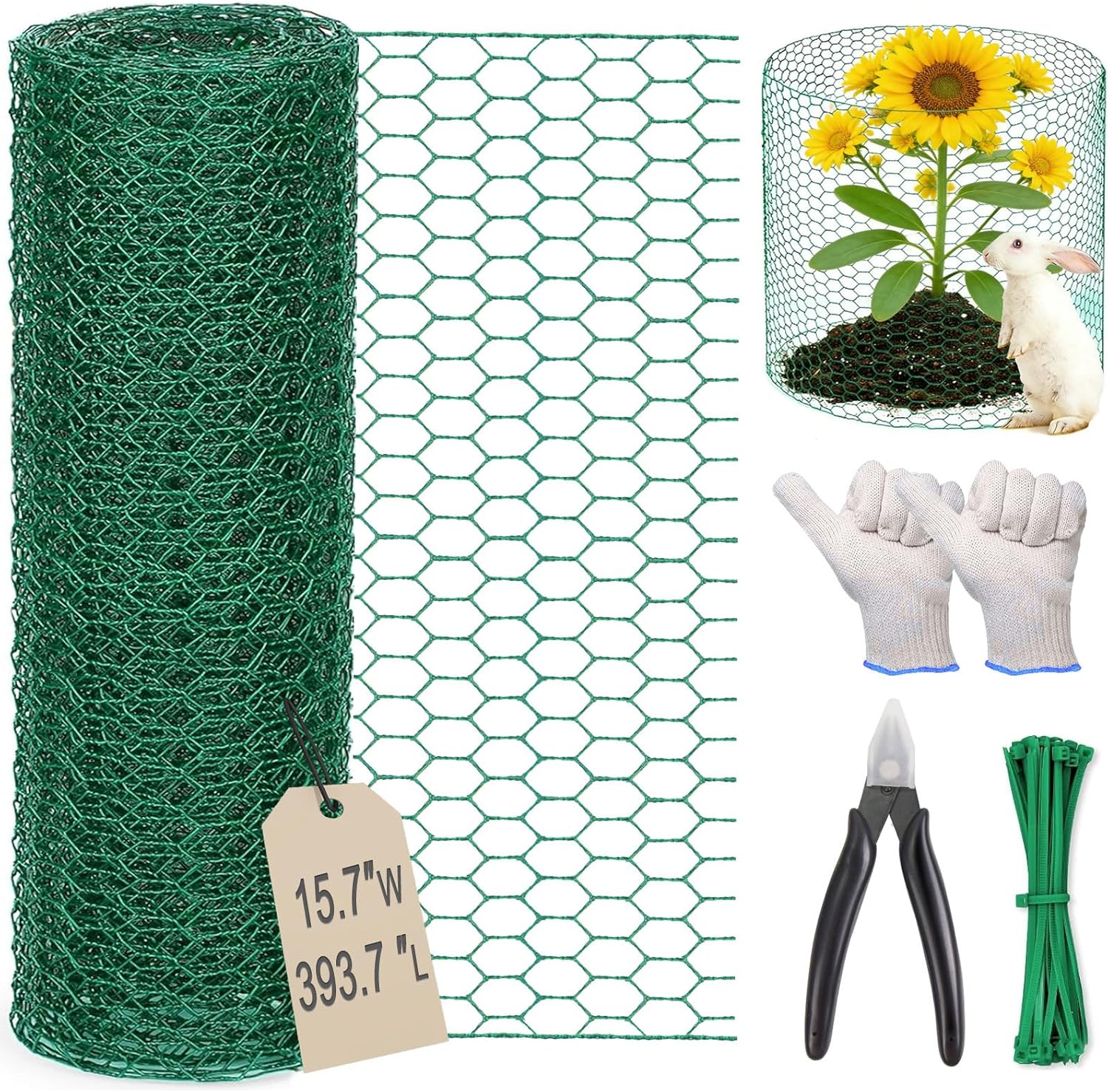 Chicken Wire 15.7in x 393.7in with a Pair of Gloves，1 Wire Cutter，100 Pcs Cable Zip Ties, Floral Chicken Wire Mesh 0.8in Hexagonal Galvanized PVC Coated Garden Netting Fence for Craft Poultry Garden