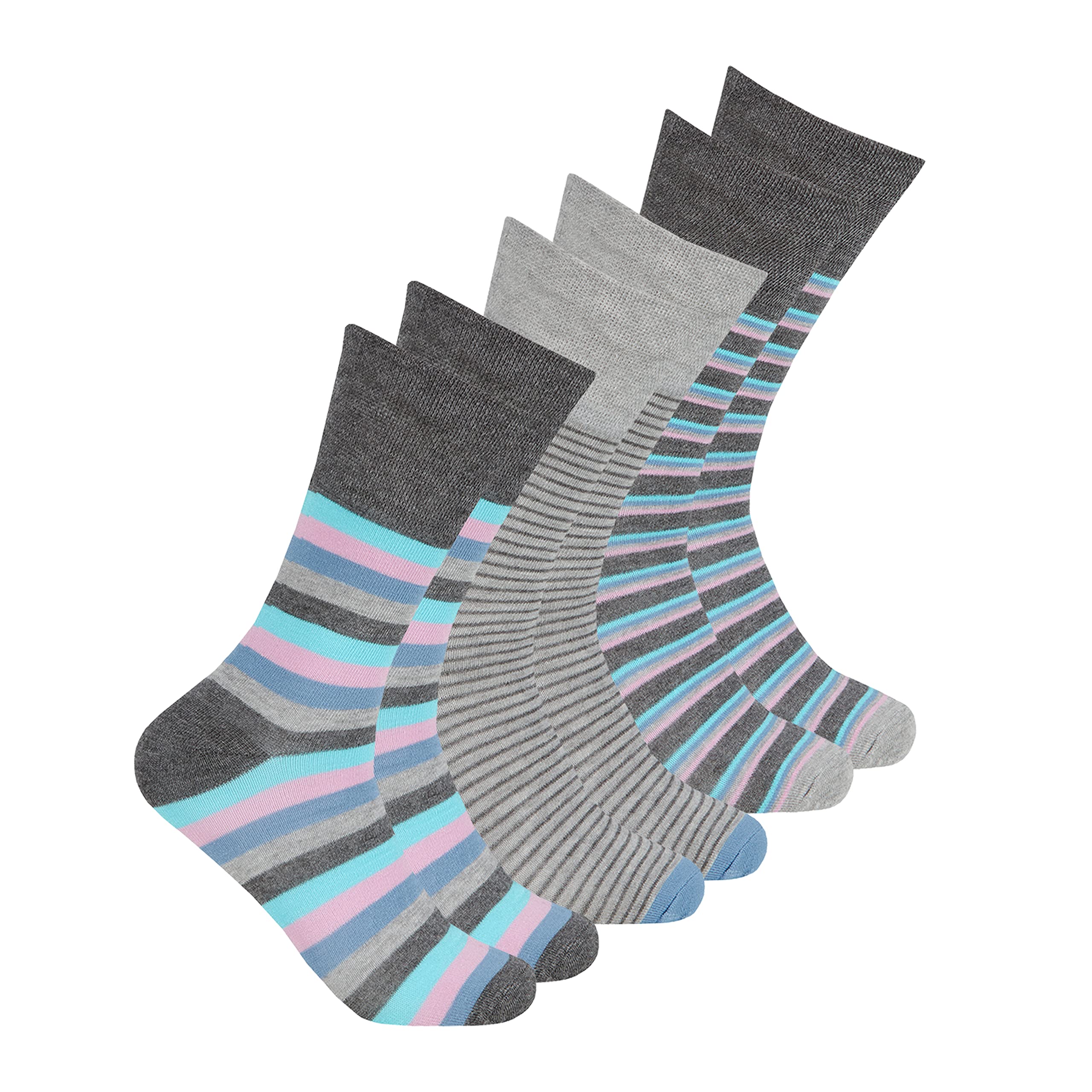 Metzuyan Ladies Womens Diabetic Non Elastic Bamboo Socks Loose Top Grey Striped 4-8