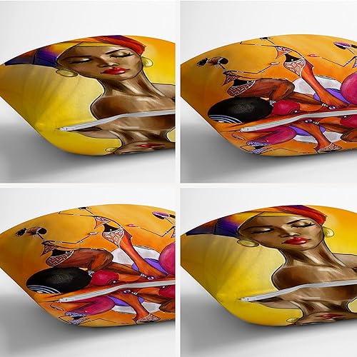 Miniatura 8 de Juego de 4 fundas de cojín cuadradas con patrón de ilustración de mujer africana, paquete de 4 fundas de almohada tradicionales moradas, fundas de