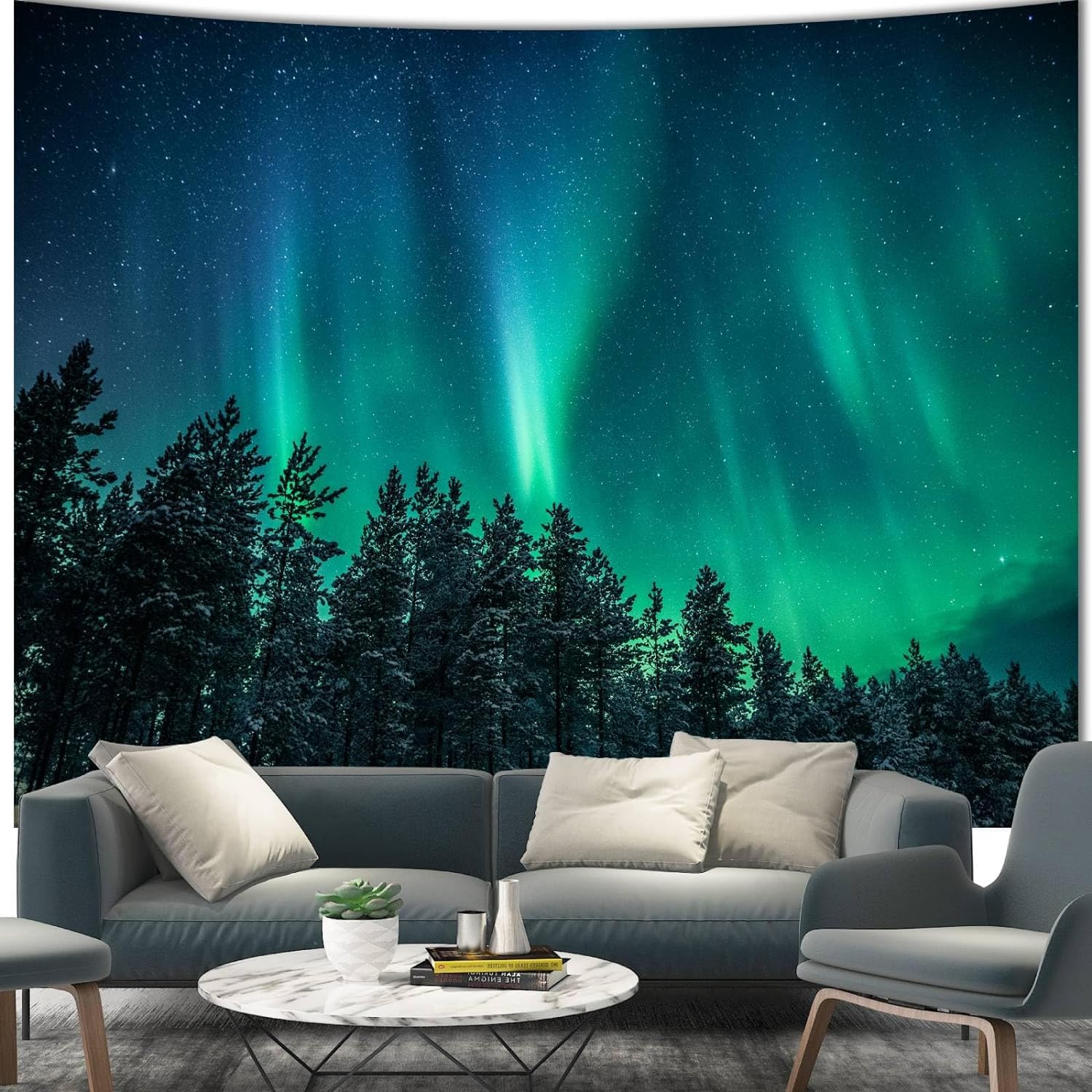 Extra Large Forest Wall Tapestry for Bedroom Aesthetic 71"x90", Nature Outer Space Galaxy Starry Night Tapestry Wall Hanging, Green Landscape Ceiling