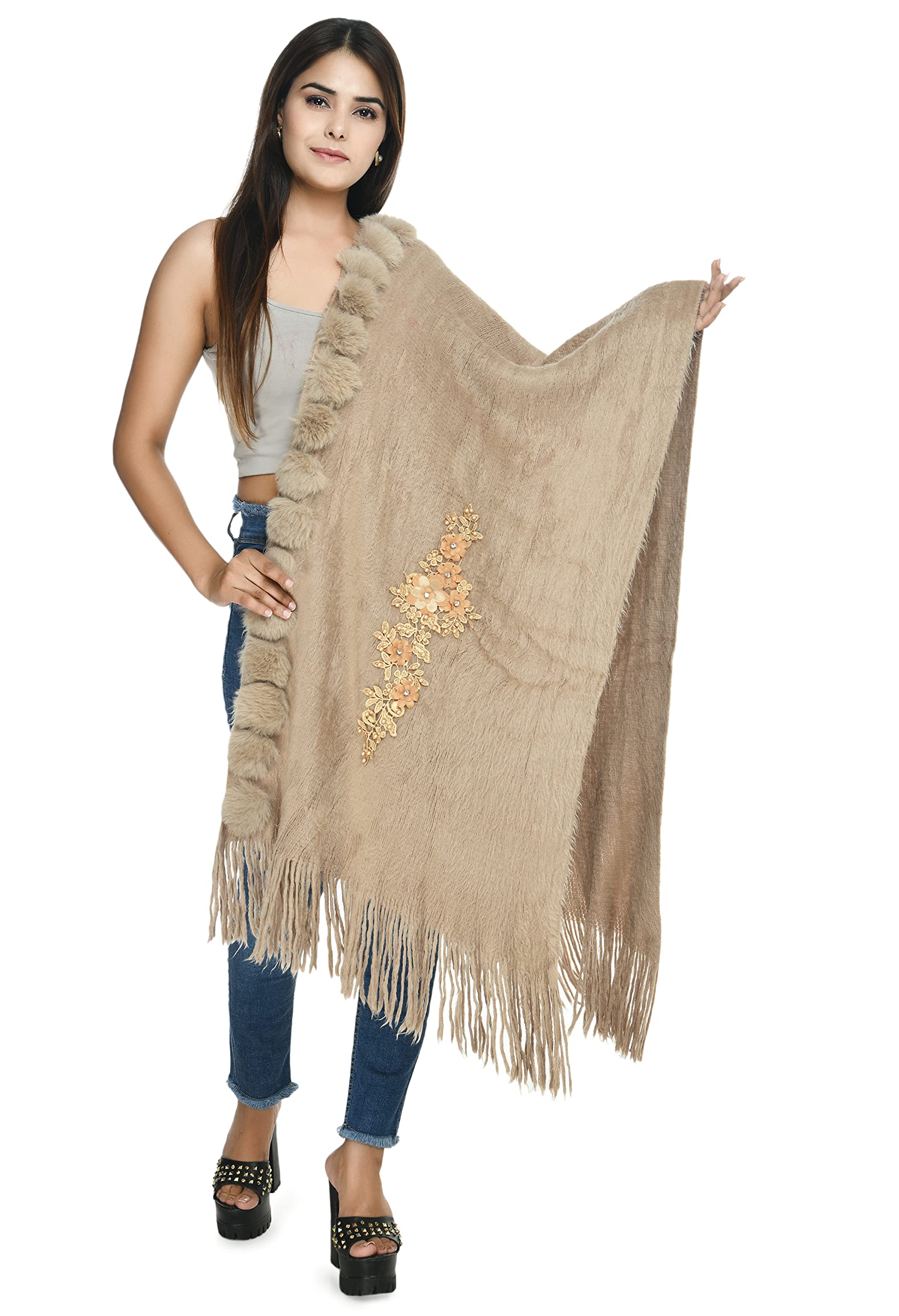 manra Women Solid Woolen Kashmiri Flower Embroidery Neck Fur Ball Stole SC_27-picture-50