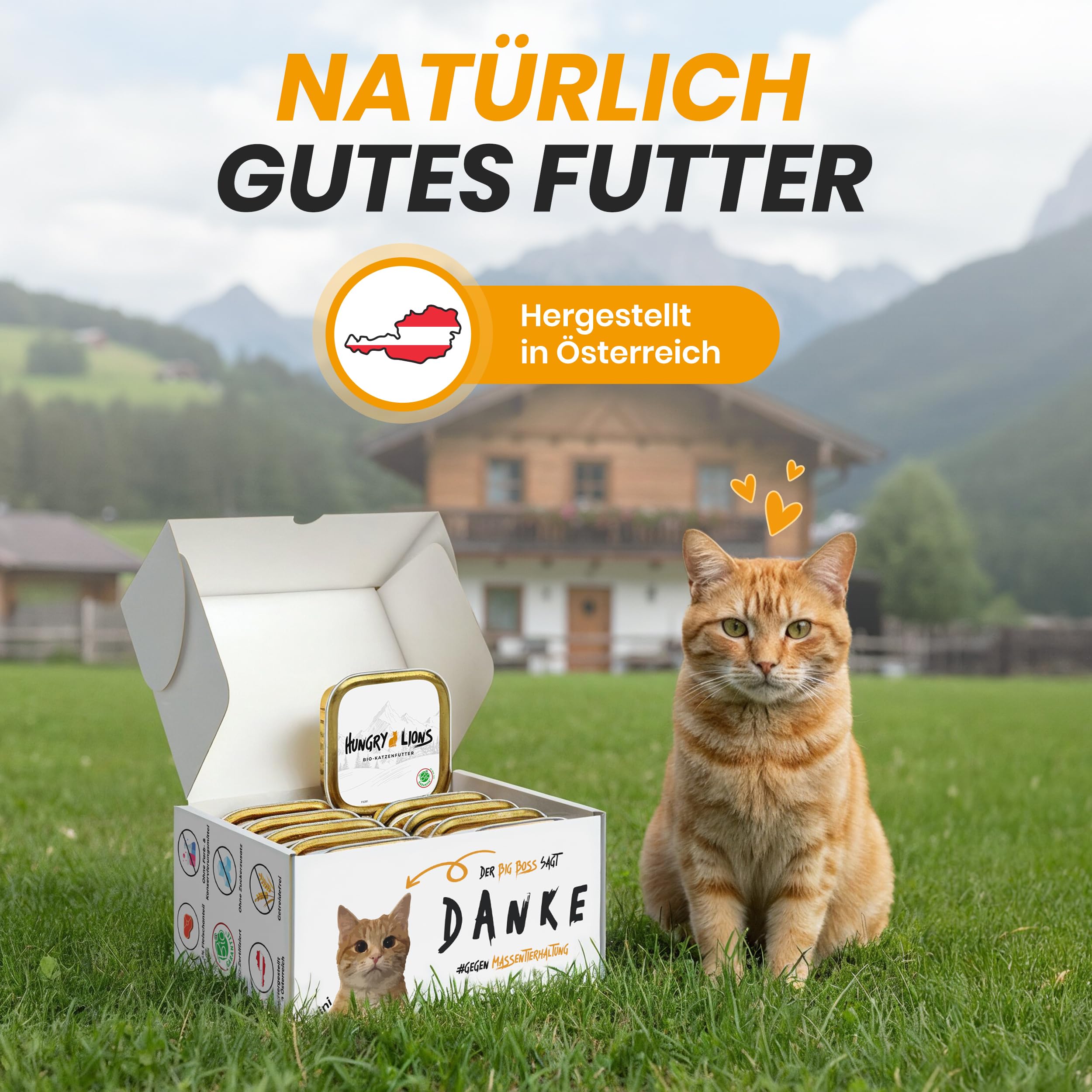 Bio Katzenfutter nass – Katzenfutter nass ohne Zucker und Getreide – Katzenfutter mit hohem Fleischanteil von 94% – Natürliches Katzenfutter - Hergestellt in Österreich (50x100g)