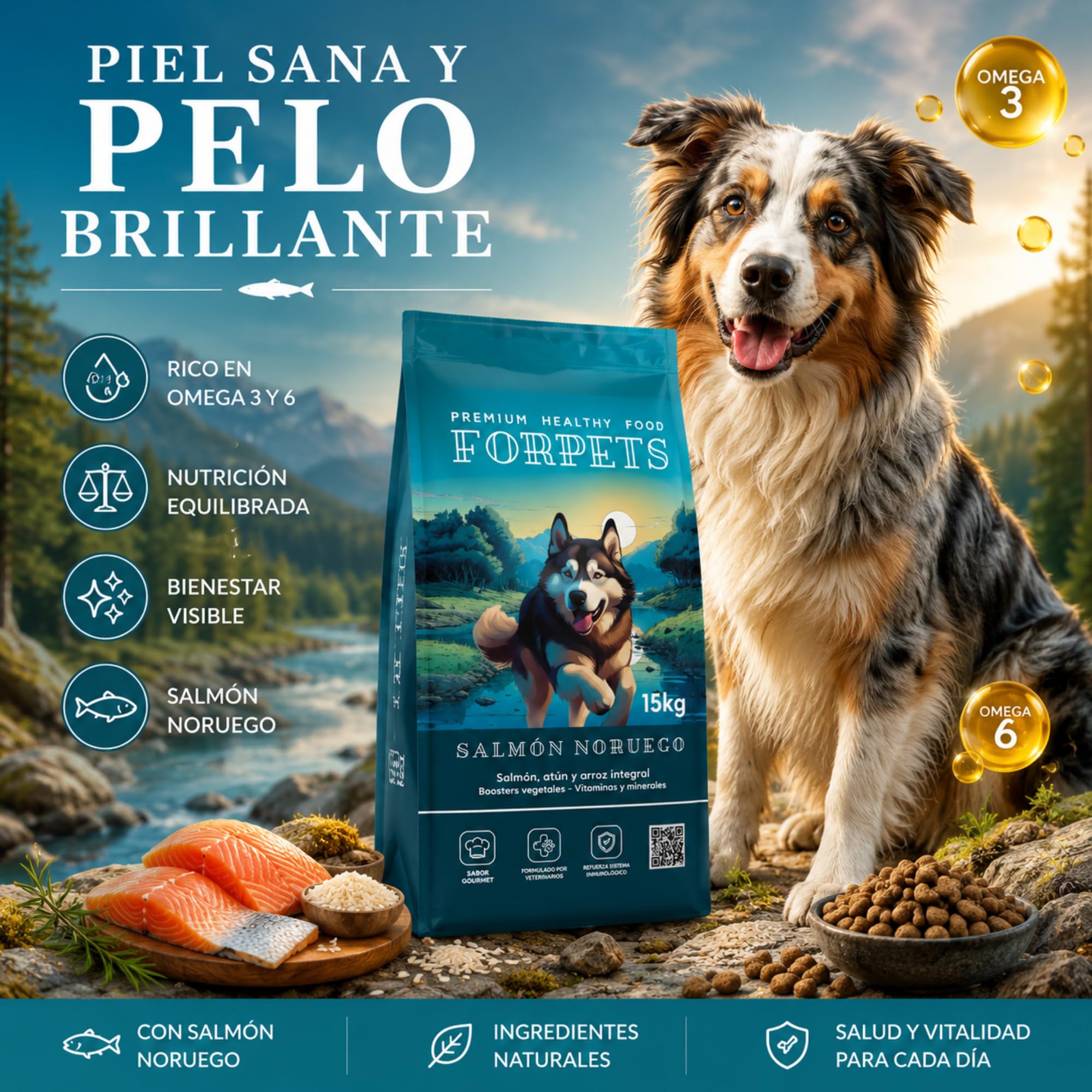 FORPETS Pack Pienso Salmón Noruego 15kg + 9 Latas Cordero y Ternera en Salsa, Comida Natural para Perros Adultos, Sin Trigo ni Maíz, Hipoalergénico, Omega 3 y 6