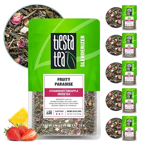 Tiesta Tea Fruity Paradise Té verde de hojas sueltas de fresa y piña cafeína media té caliente y helado bolsa de 16 onzas 25 tazas Té verde de hoja