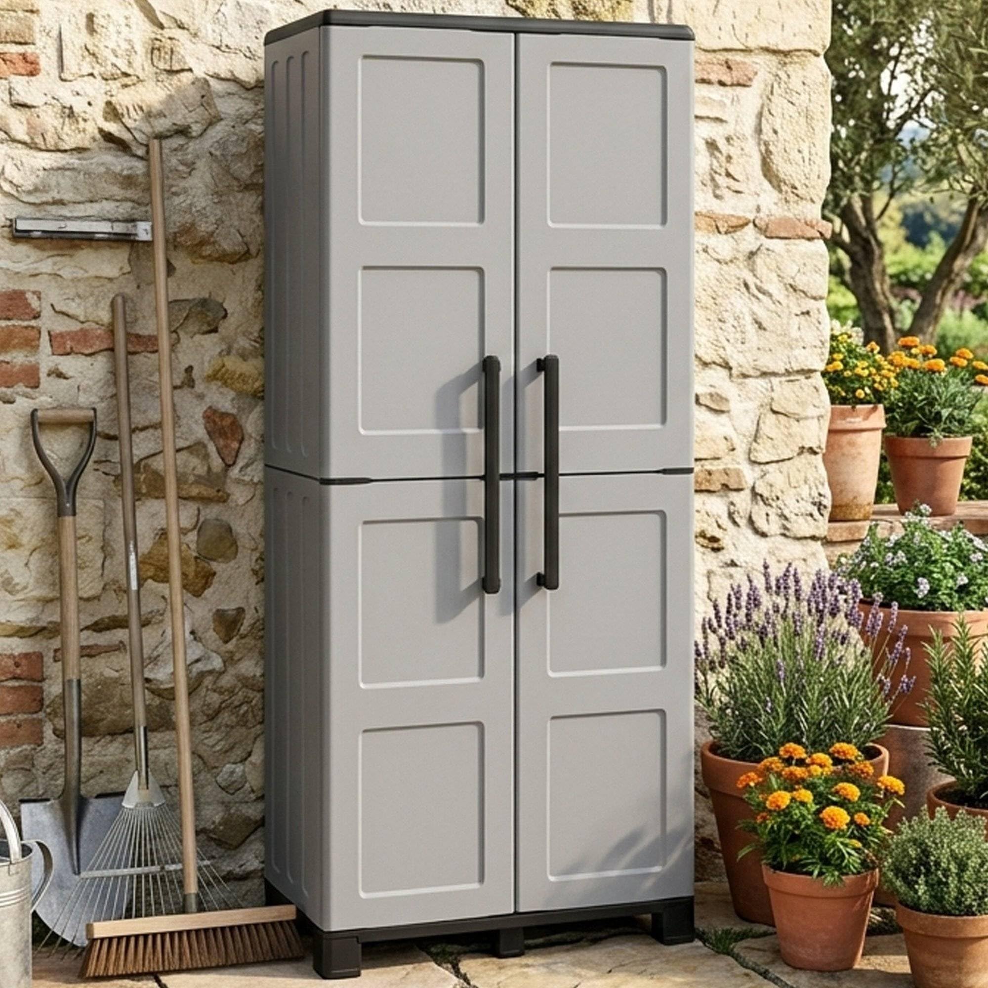 Dmora - Armadio da esterno Veurne, Armadio porta scope, Mobile outdoor 2 ante, 100% Made in Italy, 68x37h169 cm, Grigio chiaro e Nero, Finitura quadri