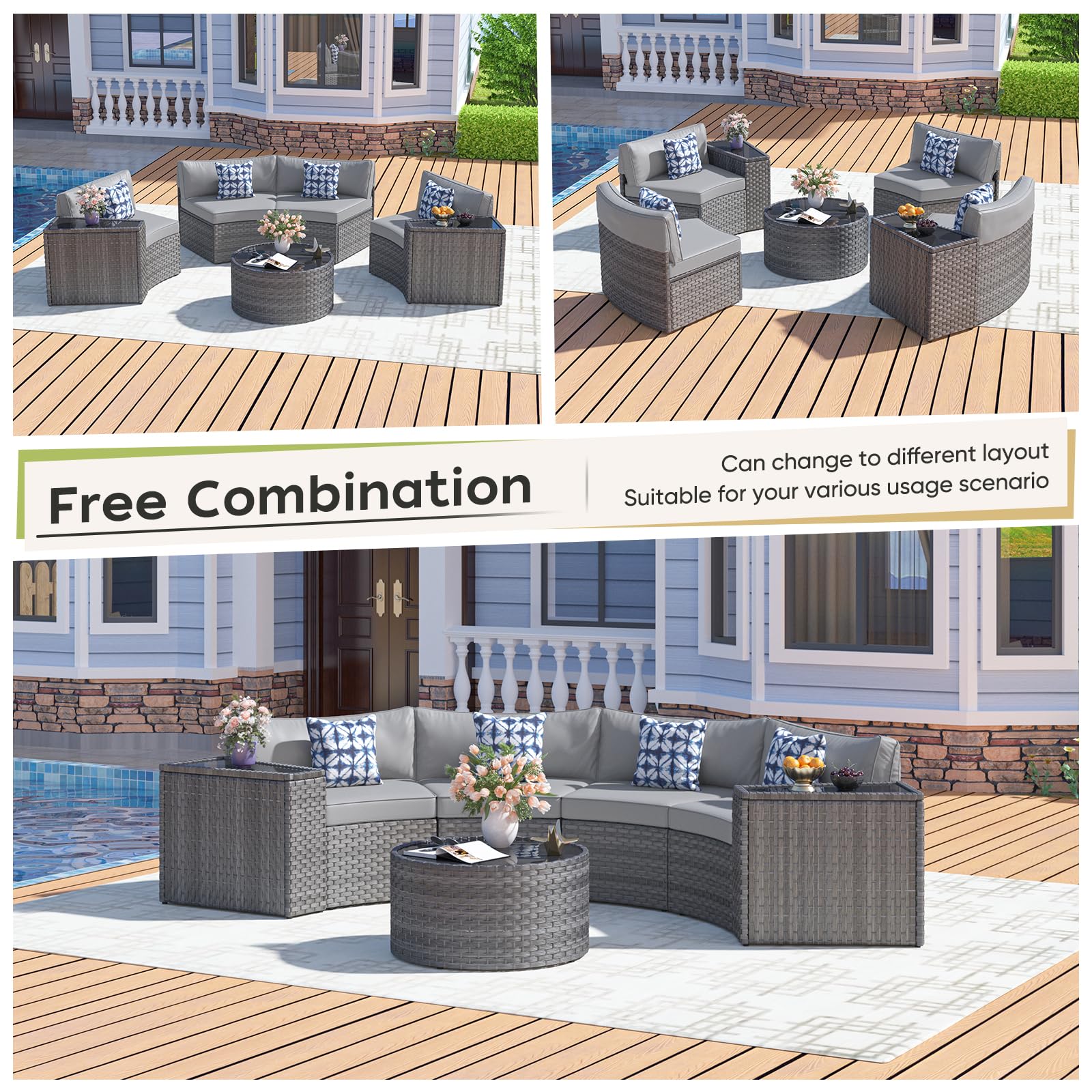 ABCASA Outdoor Patio Furniture Set with Coffee Table,7 Pieces Half-Moon Curved O — product photo