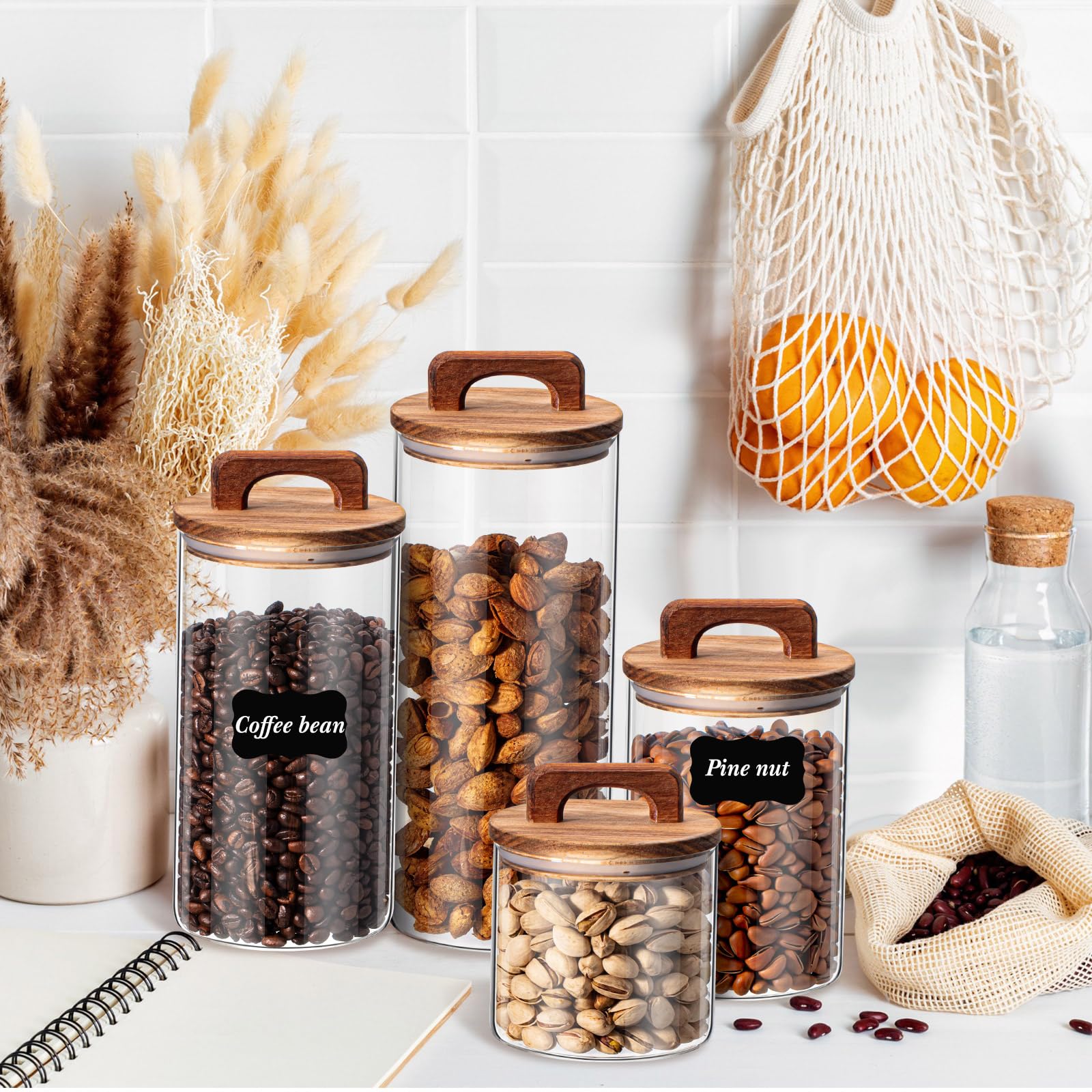 Layhit 4 barattoli da cucina in vetro retrò, sigillati, contenitori per alimenti con manici facili da impugnare, set di contenitori per caffè, tè, zucchero, con adesivi per biscotti, farina di riso, 4