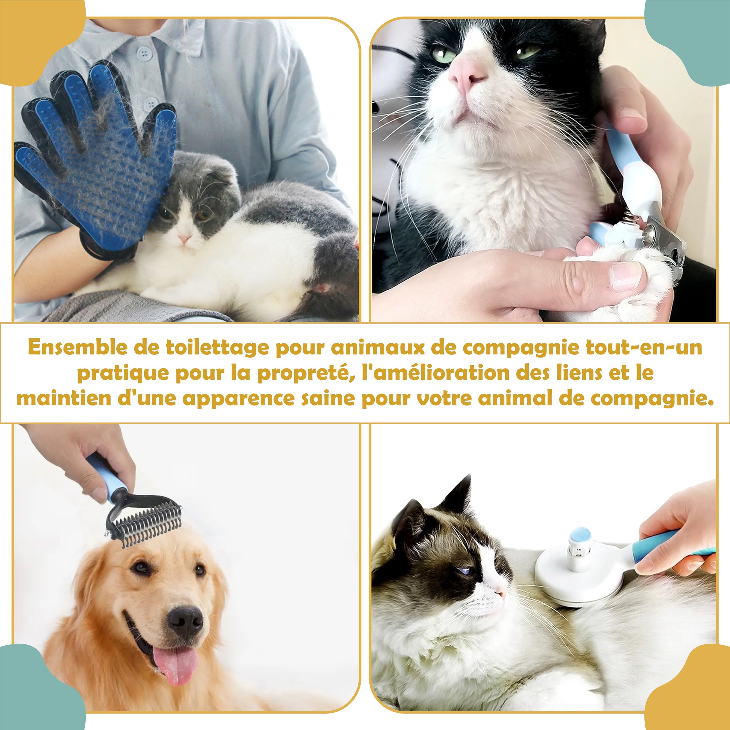 Kit Toilettage Chien Chat 9 Pièces – Brosse Chien, Brosse Chat, Gant Poil, Coupe Ongle, Lave Pattes et Accessoires Toilettage