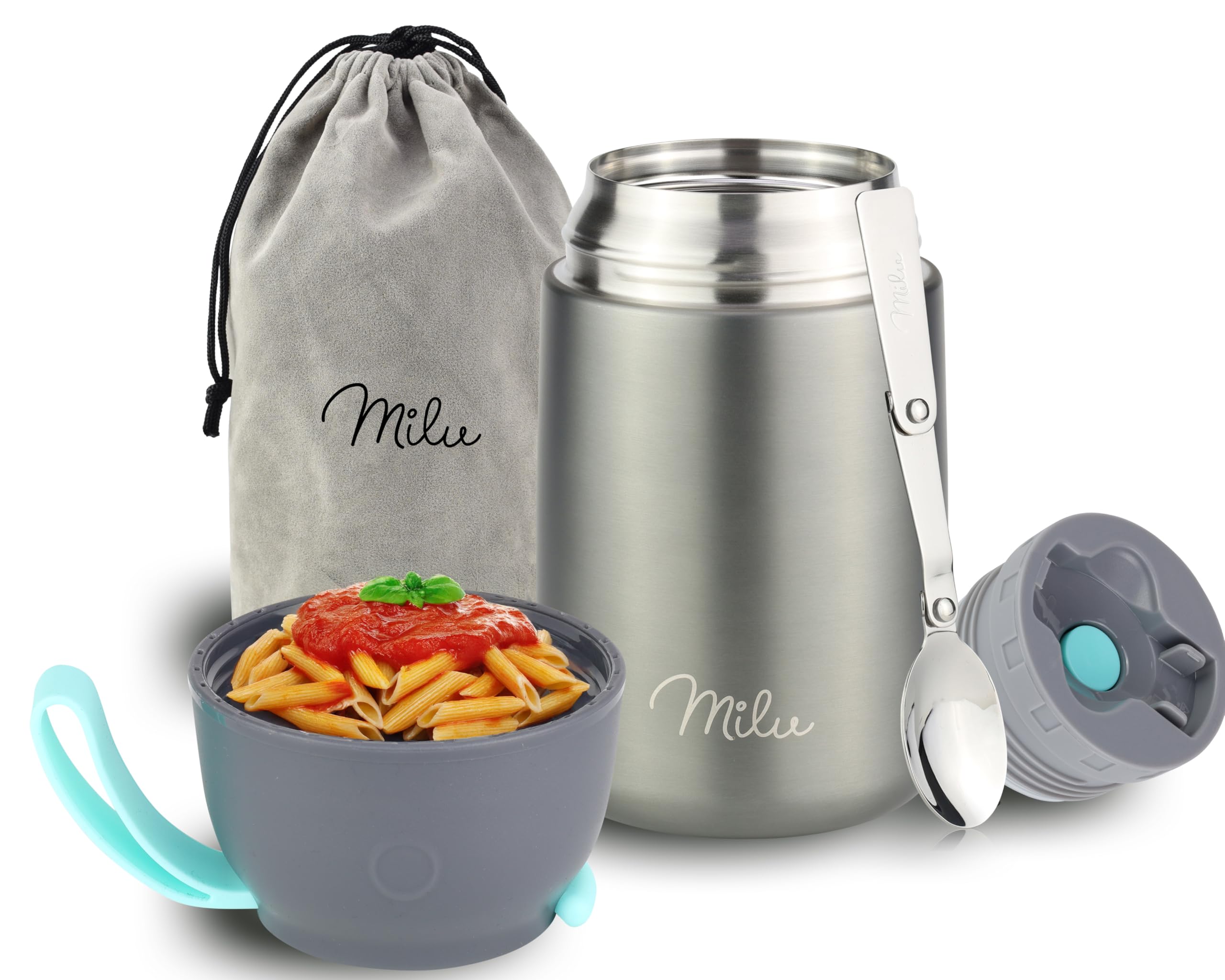 Milu Thermo per Alimenti 300ml 440ml 450ml 650ml 800ml I Contenitore Termico di Acciaio Inossidabile, Isotermico Sottovuoto per Cibi Caldi e Freddi (Grigio, 650ml)