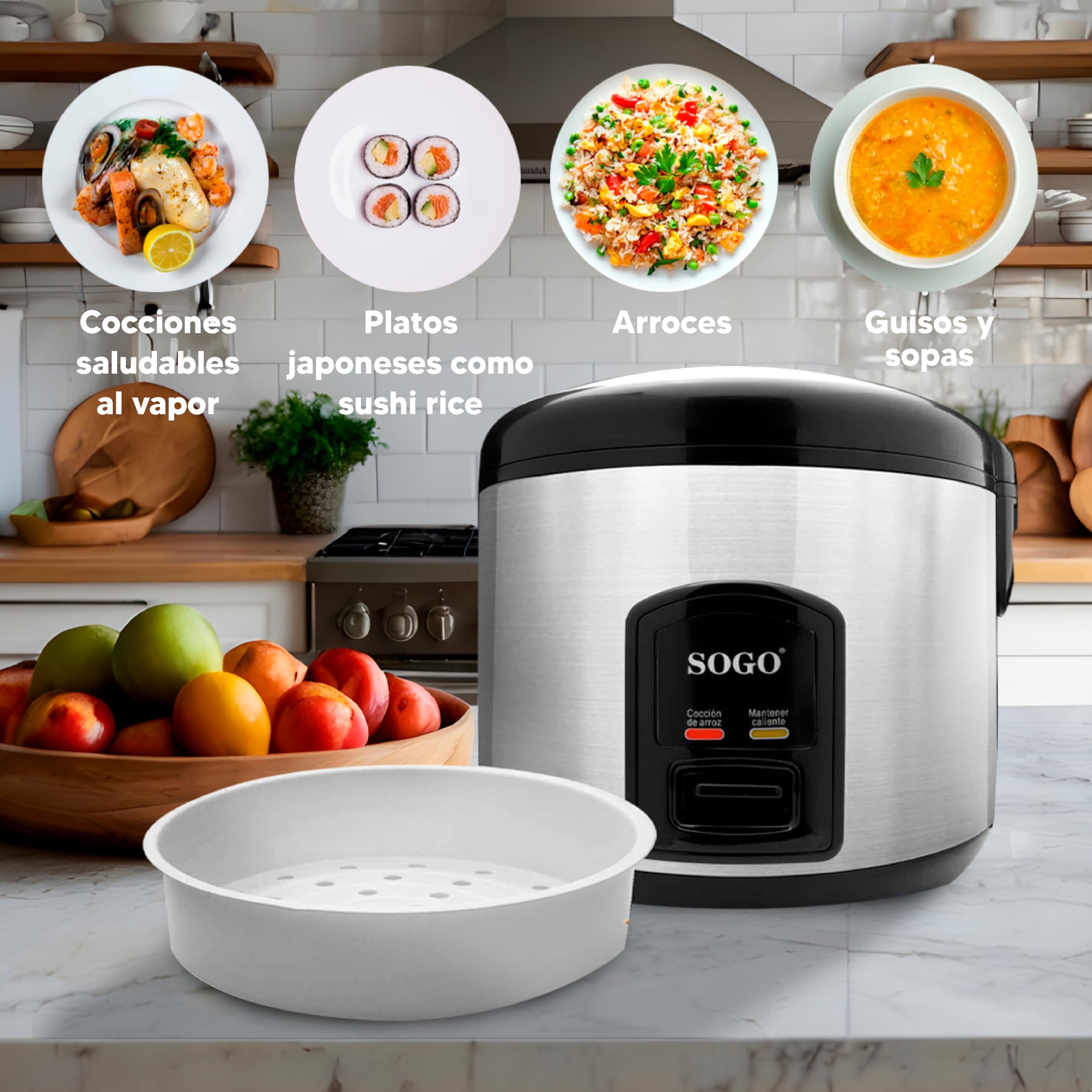 Sogo Arrocera Eléctrica Inteligente 1.8L con Bandeja de Cocción al Vapor Incluida - Olla Arrocera Digital Multicooker Antiadherente 10 Tazas 700W – Rice Cooker con Ciclo de Cocción Automática