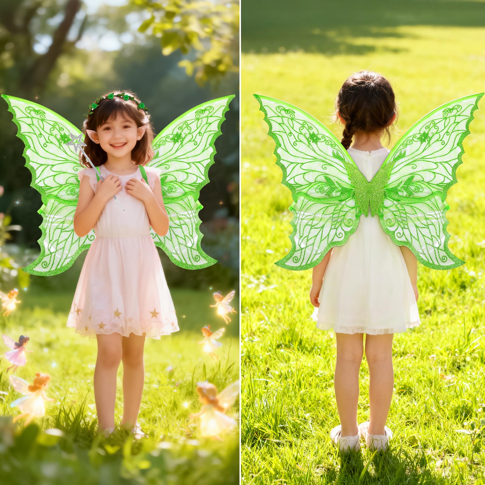 5 Pezzi Ali da Fata a Forma di Farfalla,con Orecchie da Elfo,Cerchietto da Fata,Bacchette di Fata a Stella,Adesivo Farfalla,per Carnevale,Compleanno,Giochi di Ruolo.3-12(Verde)