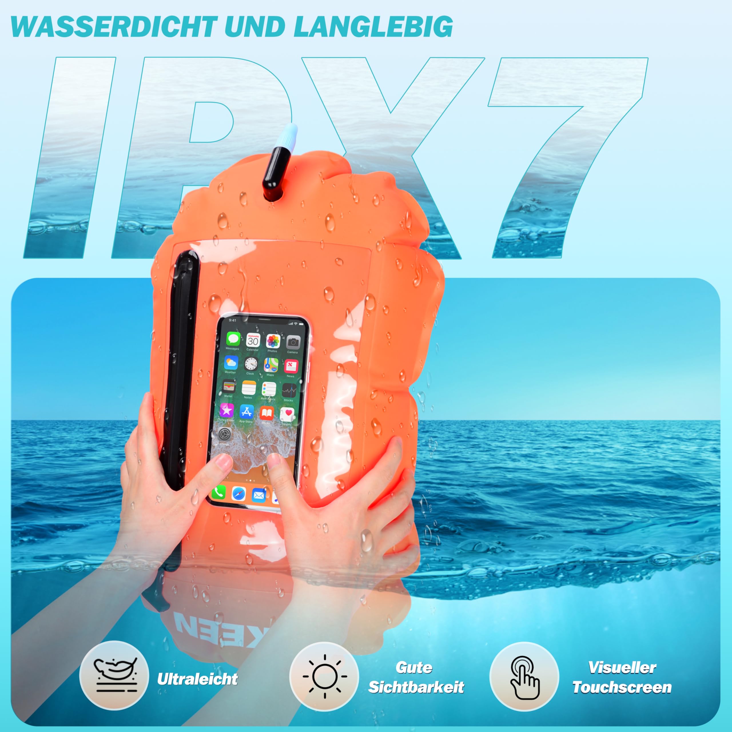 BOOSTEADY Schwimmboje Trockensack IPX7 Wasserdicht mit Touchscreen-Handyfach – Aufblasbare Swimming Buoy für Triathlon, Schnorcheln & Freiwasserschwimmen