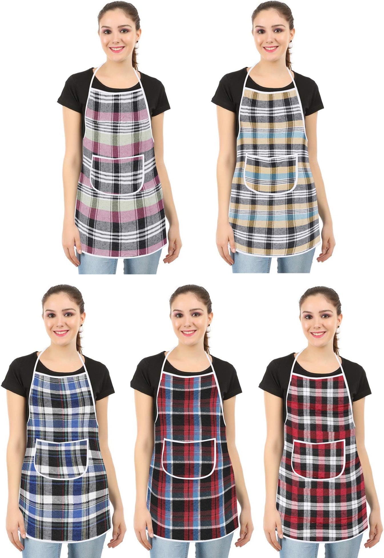 E-Retailer® Set of 5 Pc. Waterproof Cotton Kitchen Apron with Front Pocket & Adjustable Ties Closure for Men & Women (Color- Multicolor, Size-26x21 Inches)