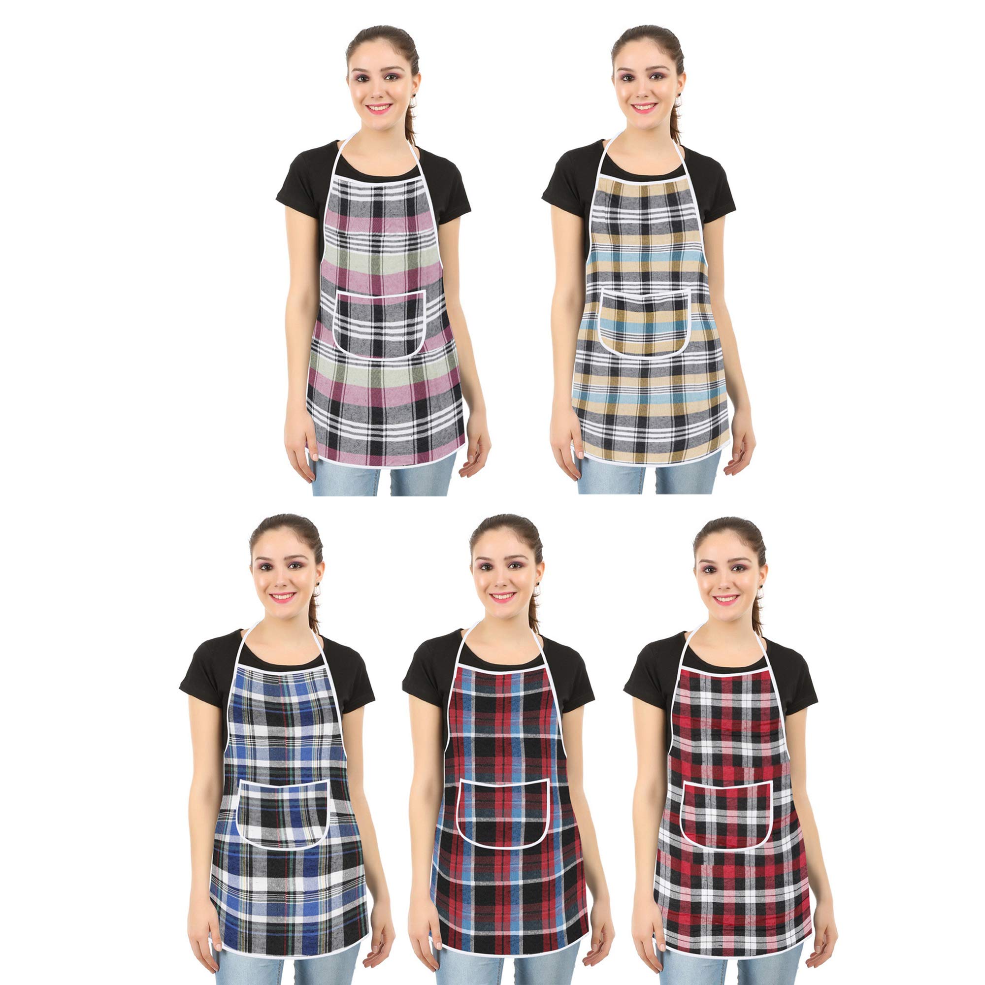 E-Retailer® Set of 5 Pc. Waterproof Cotton Kitchen Apron with Front Pocket & Adjustable Ties Closure for Men & Women (Color- Multicolor, Size-26x21 Inches)