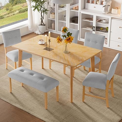 Miniatura 24 de Juego de mesa de comedor de 6 piezas, mesa de comedor de madera y 4 sillas y banco tapizados con esquinas lisas, juego de comedor para 6 personas