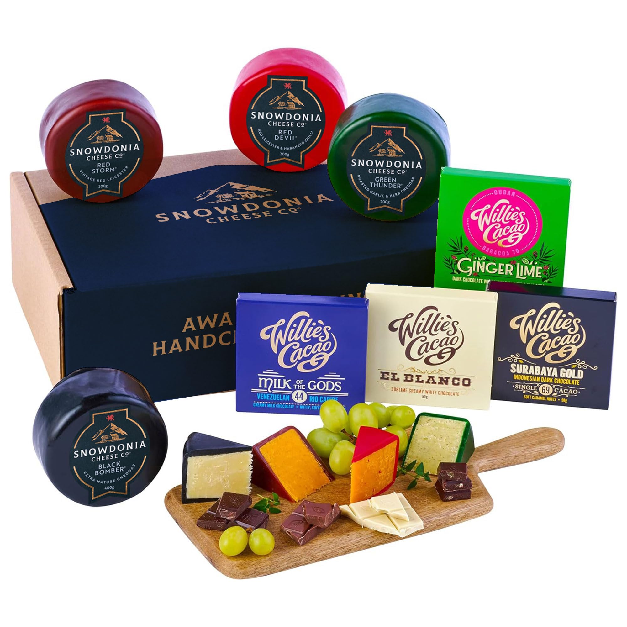 Snowdonia Cheese Company | Cheese & Chocolate Tasting Experience Gift Box | 4 Luxury Welsh Cheeses and 4 Willie's Chocolate Bars | For Chocolate Lovers