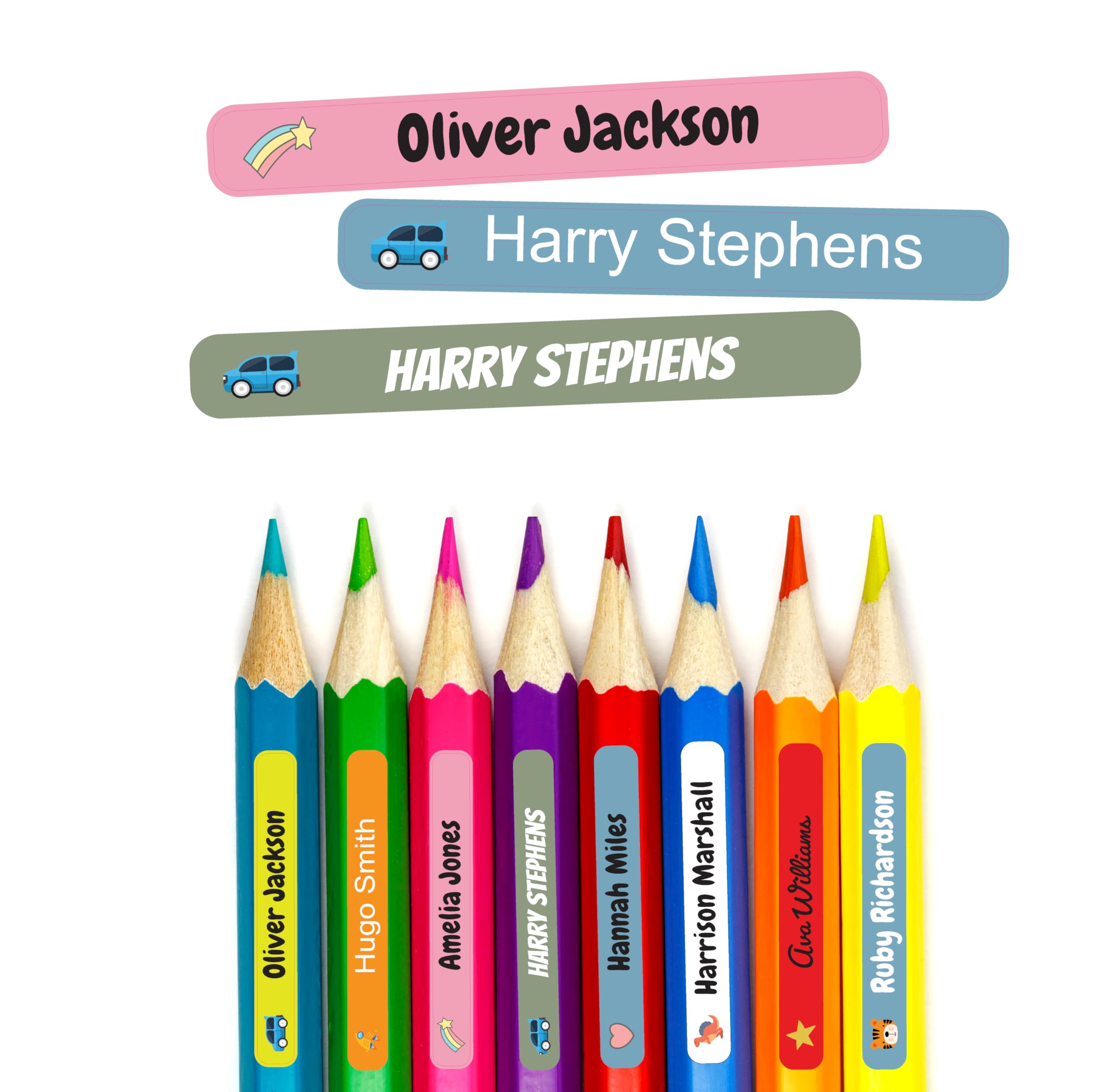 QuoteMyWall 54 Personalised Name Labels for Kids' Pens Pencil Cases, Clothing Stationery - Self-Adhesive Name Tags for School Uniforms and Bags Nursery Items Washing Machine Safe (Pink)