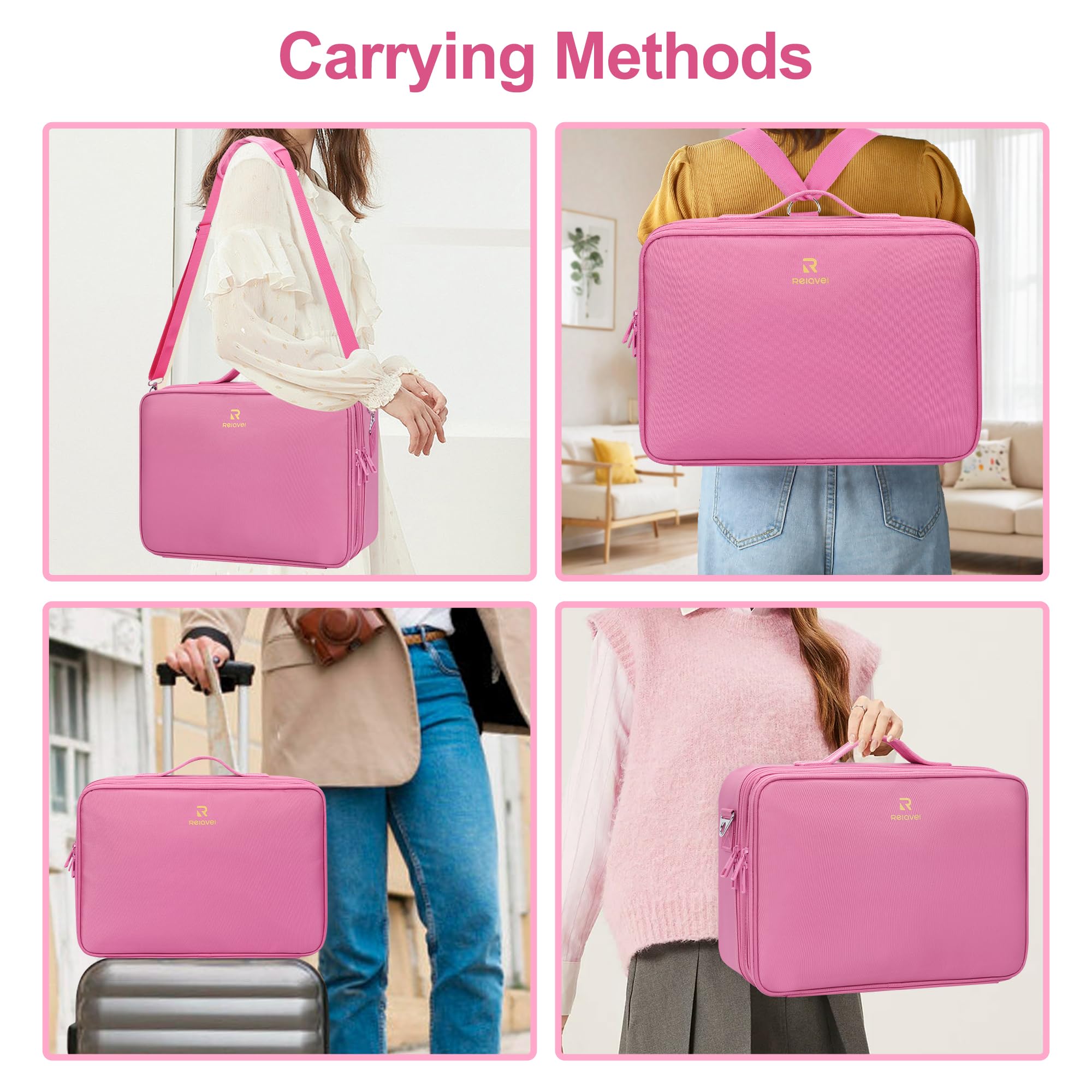 Relavel Estuche de Maquillaje con Ruedas, Mochila de Maquillaje Profesional para Artistas de Maquillaje, Rosa, L, Estuche de Maquillaje Grande