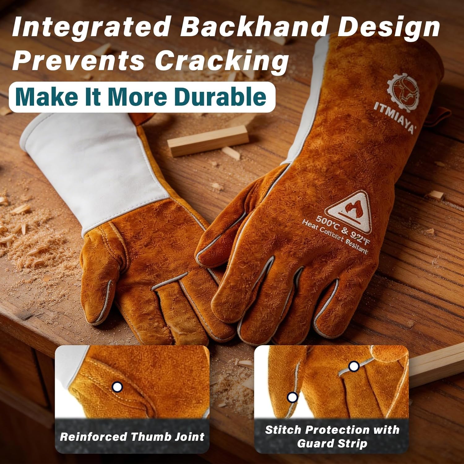 ITMIAYA® Premium Welding Gloves 16 Inch 932℉ XL Heat Resistant Leather Work Gloves Heavy Duty Durable Stitch Guard Fireproof for MMA/MIG/TIG/Forge/BBQ/Garden Work/Woodworking/Fireplace