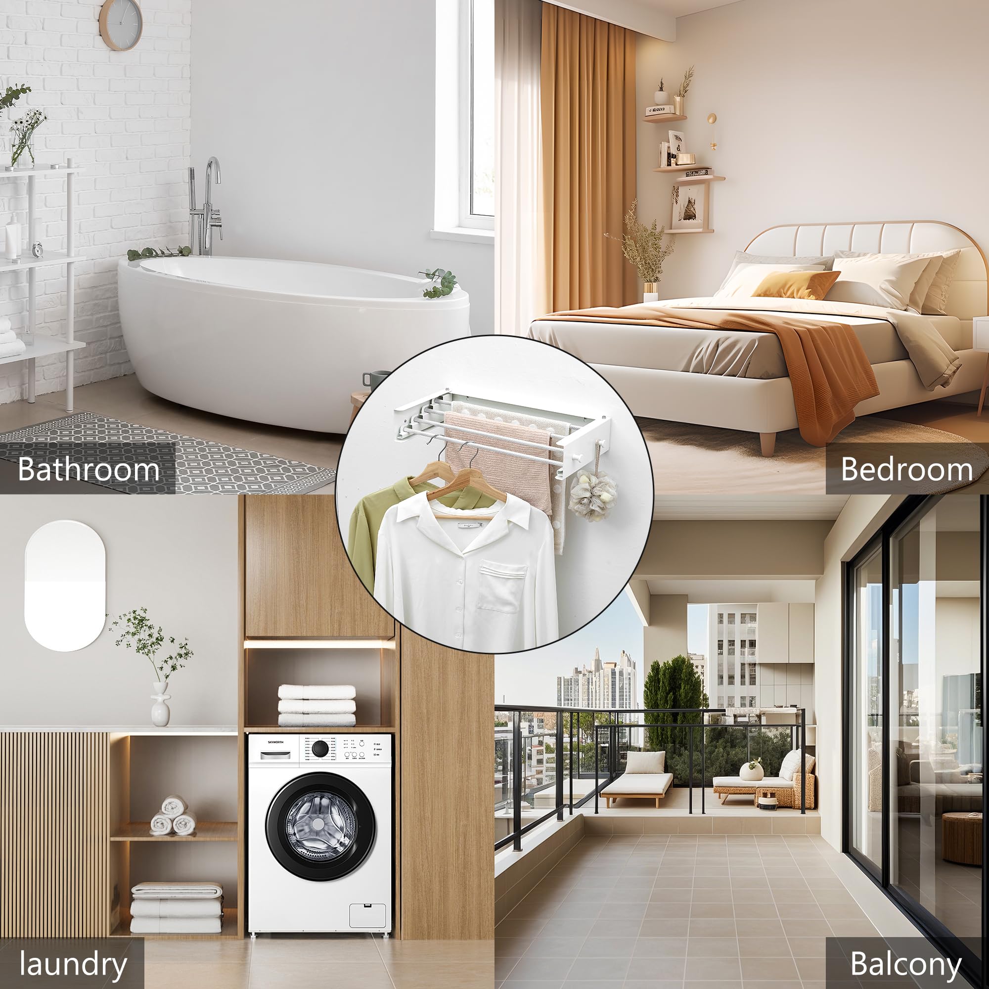 RFOUO Stendibiancheria da parete, bianco, 50 cm, con ganci | Stendibiancheria pieghevole salvaspazio per lavanderia, balcone, bagno, 4 aste in alluminio, capacità 18,1 kg