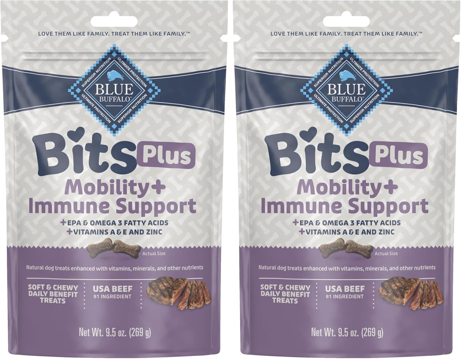 ( BB 2020 Apr 24) Blue Buffalo Blue Bits Plus Mobility and Immune Support Soft Dog Treats, Beef, 9.5-oz. Bag (Pack of 2) Beef 9.5 Ounce (Pack of 2)
