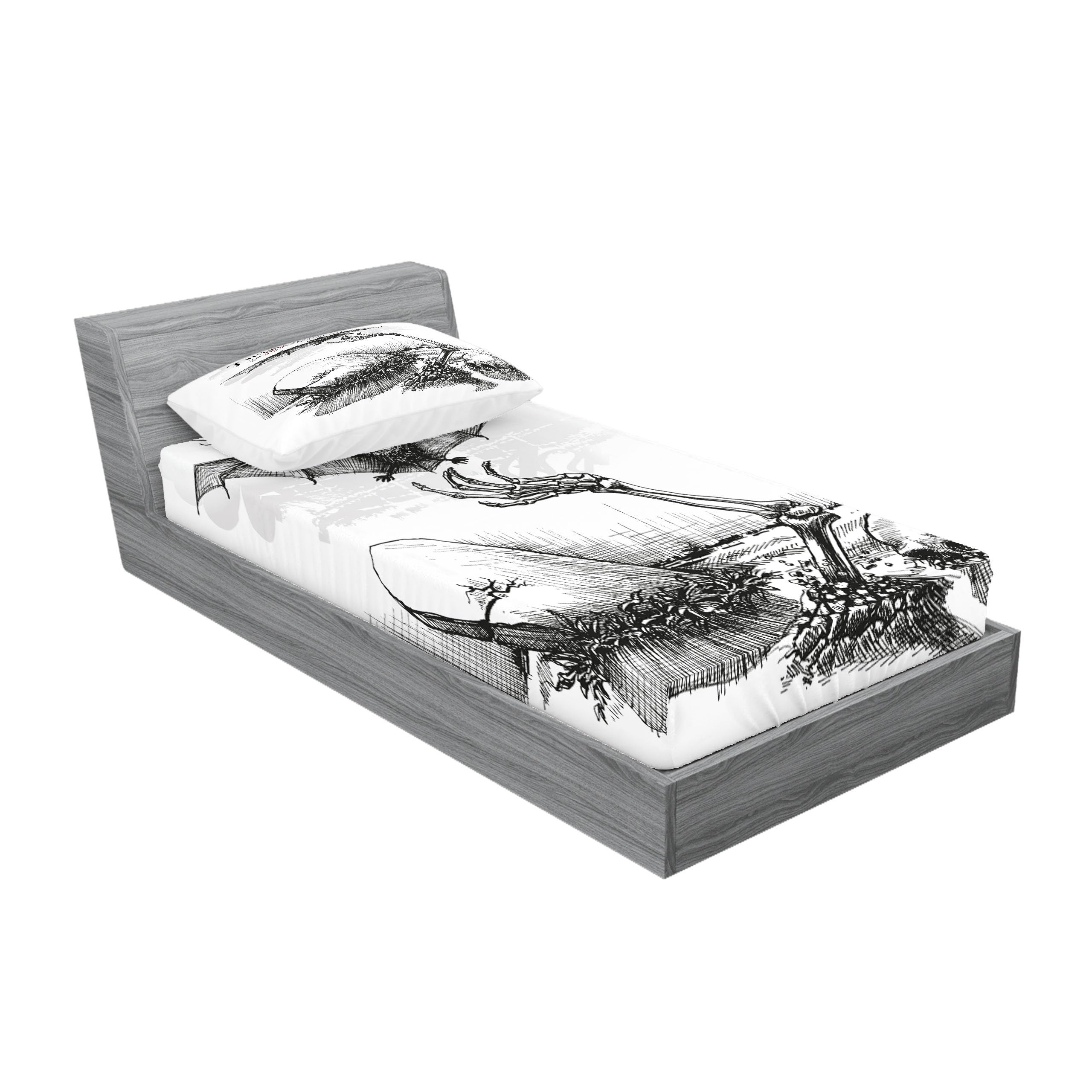 Ambesonne Halloween Fitted Sheet & Pillow Sham Set, Dead Skull Skeleton Out of The Grave and Flying Bat Hand Drawn Spooky Picture, Decorative Printed 2 Piece Bedding Decor Set, Twinxl, Black Ecru