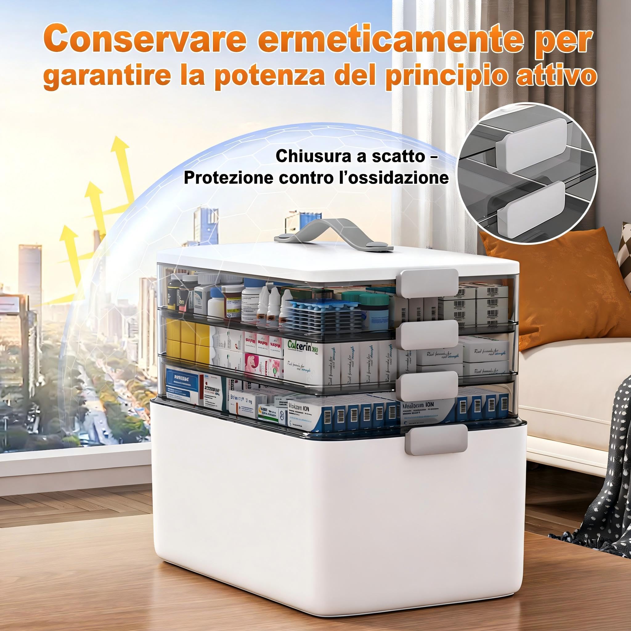 MOPUP Contenitore per medicinali a quattro strati, 37 x 23 x 32 cm, con maniglia per il trasporto, organizzatore multifunzione per farmaci, grande capacità.