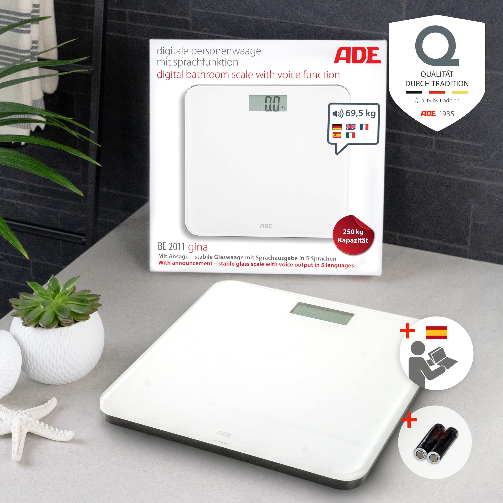 ADE Báscula personal parlante digital | salida de voz en 5 idiomas | ideal para invidentes, discapacitados visuales y personas mayores | pantalla muy grande | capacidad de carga muy alta de 250 kg