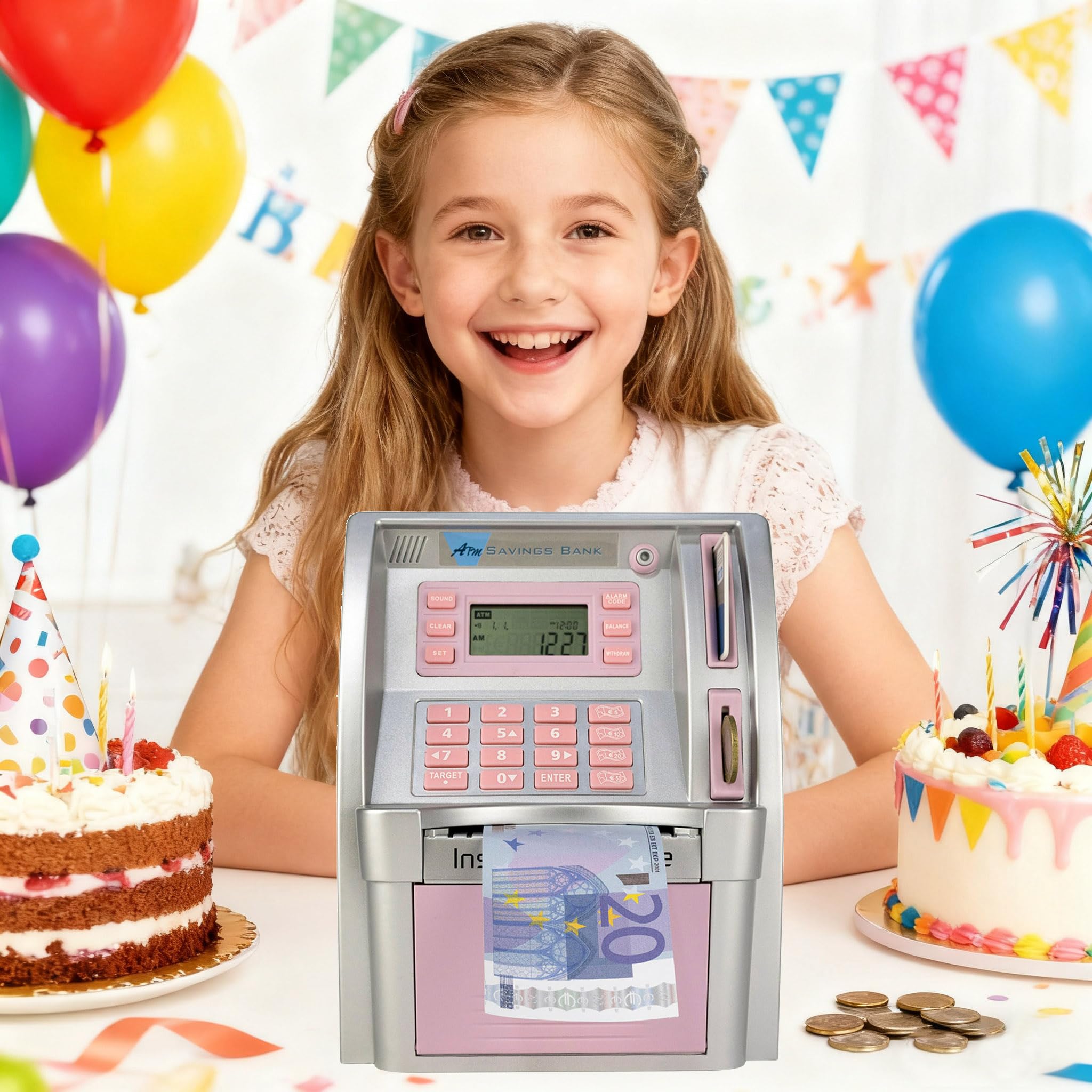 LB Salvadanai Banca dei soldi Banca di risparmio bancomat Salvadanaio elettronico digitale per monete e banconote, Mini salvadanaio,Rosa(versione Euro)