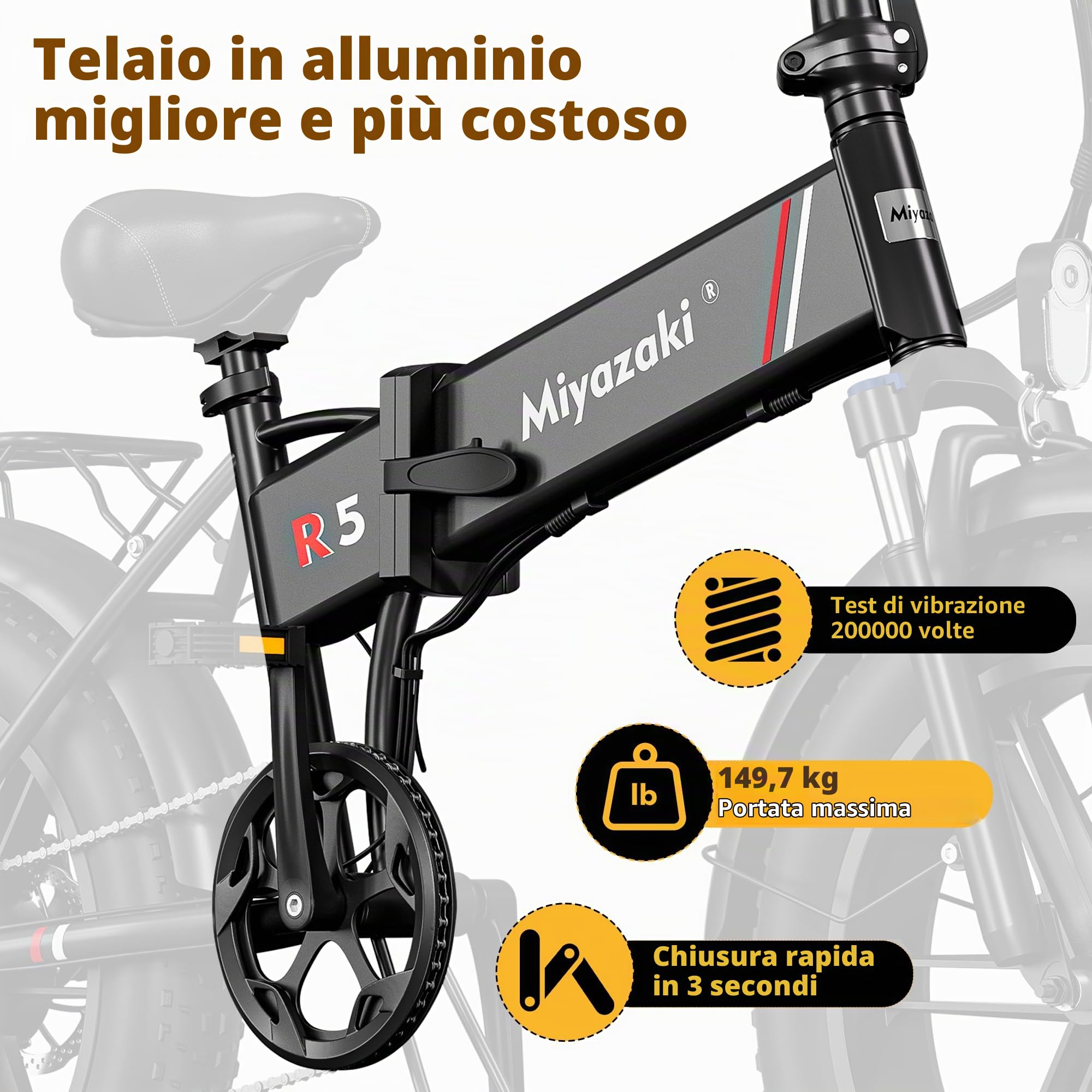Miyazaki R5 Bicicletta Elettrica Pieghevole per Adulti, Autonomia 80-100 Km