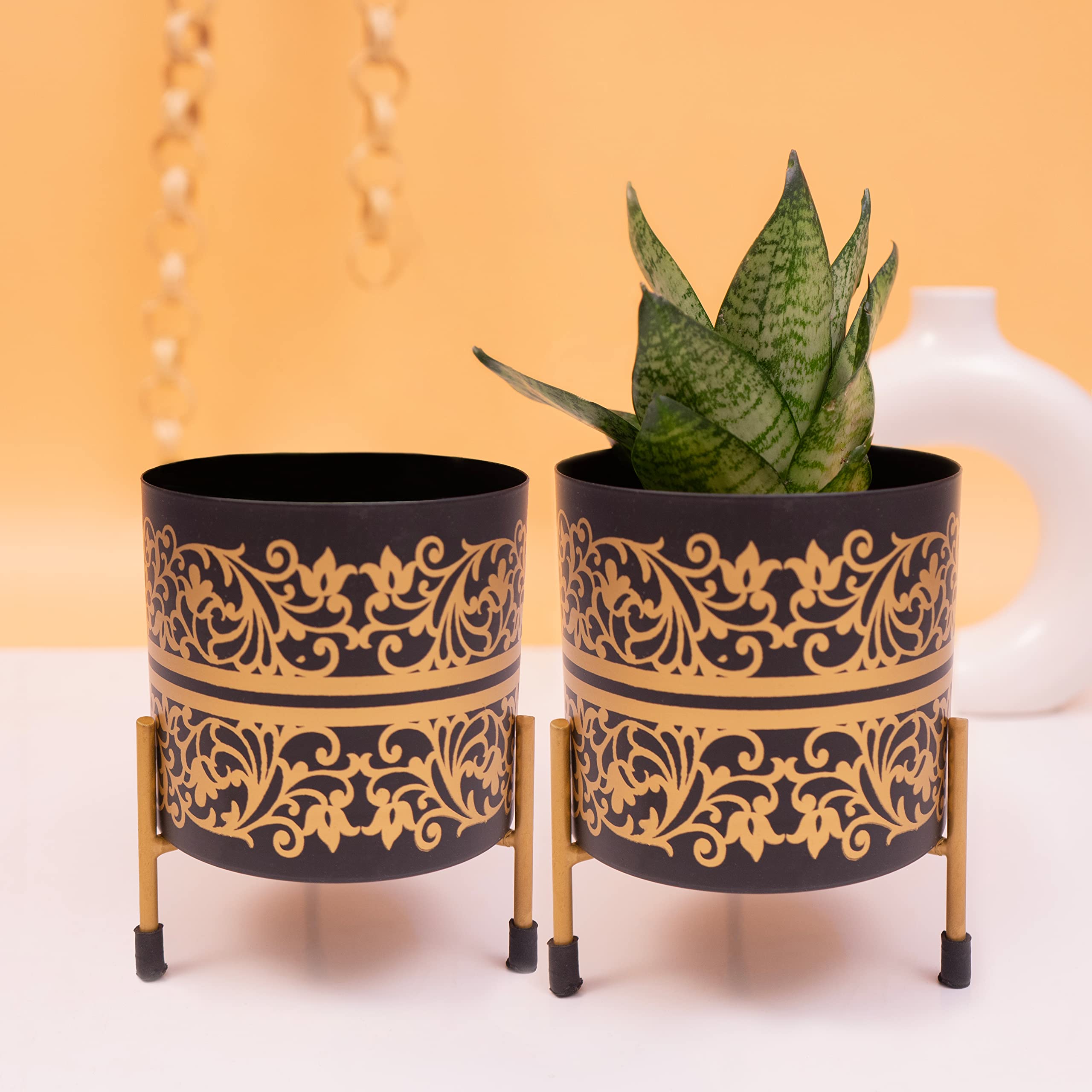 Elegant White & Gold Metal Pots with Stand (Pack of 2) -6