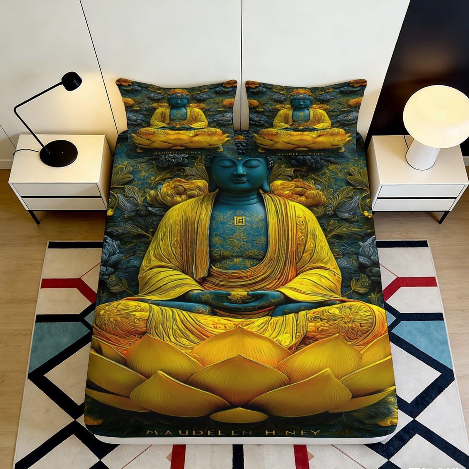 3D Printed Buddha Lotus Fitted Sheet Microfiber Non-Slip Bed Cover Golden Meditation Bedroom Decor 90x200x25cm