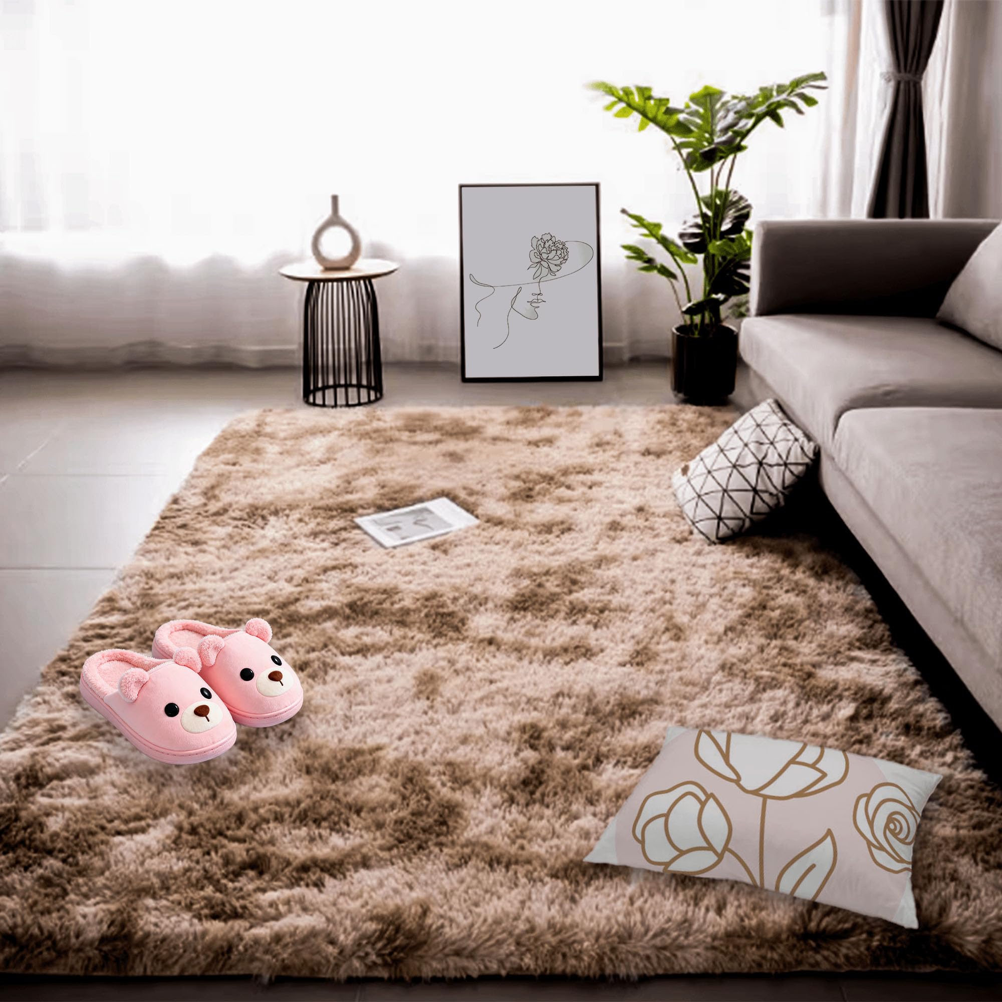 Tapis salon 210 x 210 cm marron à poil long moderne pour chambre