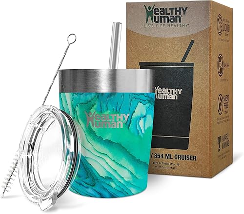Healthy Human Vaso de acero inoxidable con popote  Vaso de viaje Cruiser aislado a prueba de salpicaduras, vasos de café ecológicos con limpiador de